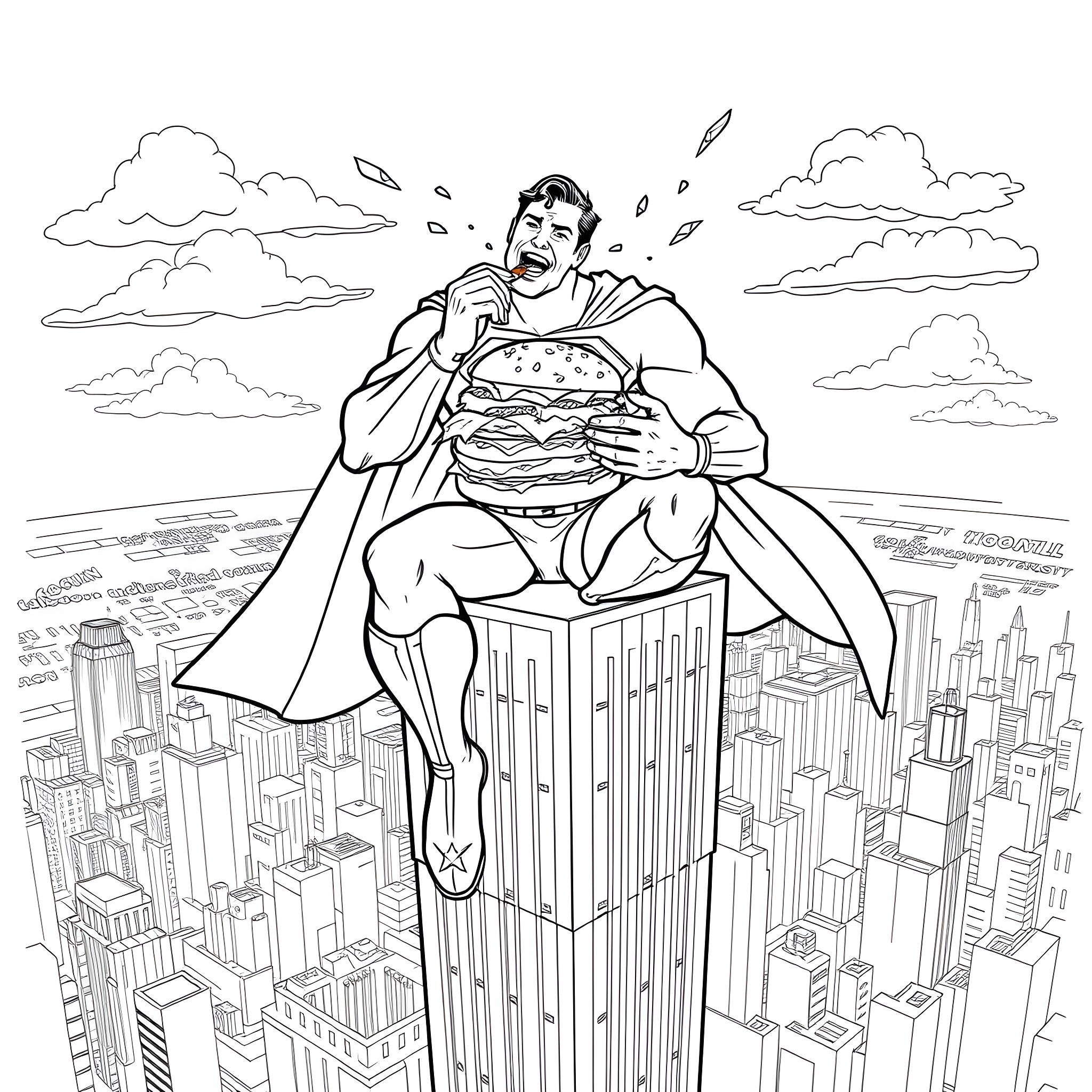Superman savoring a gigantic hamburger above the city Coloring Page (free black-and-white line drawing printable PDF for all, from beginners to advanced learners, including children, teens, adults, and seniors)
