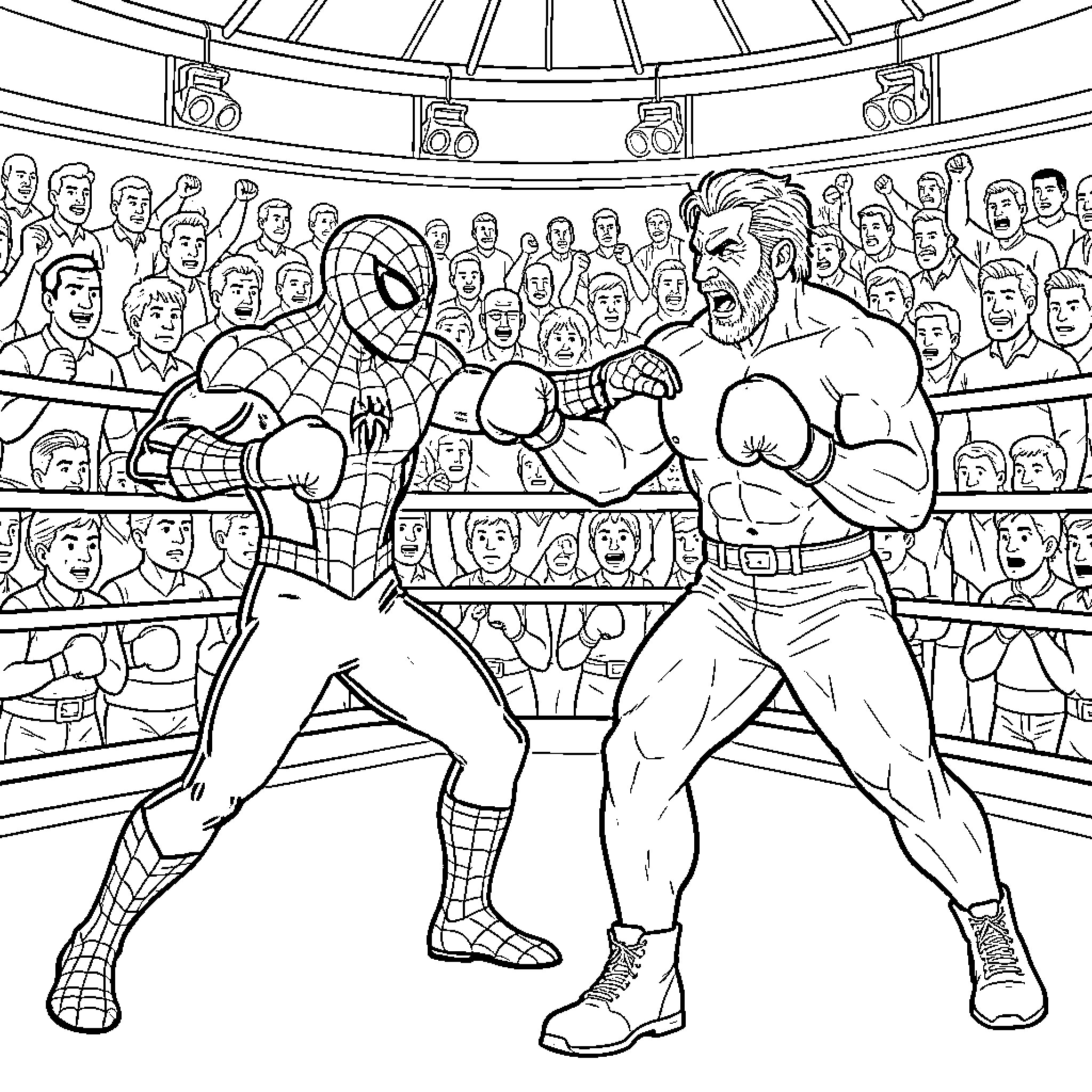 Spider-Man boxing against a muscular opponent in a ring Coloring Page (free black-and-white line drawing printable PDF for all, from beginners to advanced learners, including children, teens, adults, and seniors)