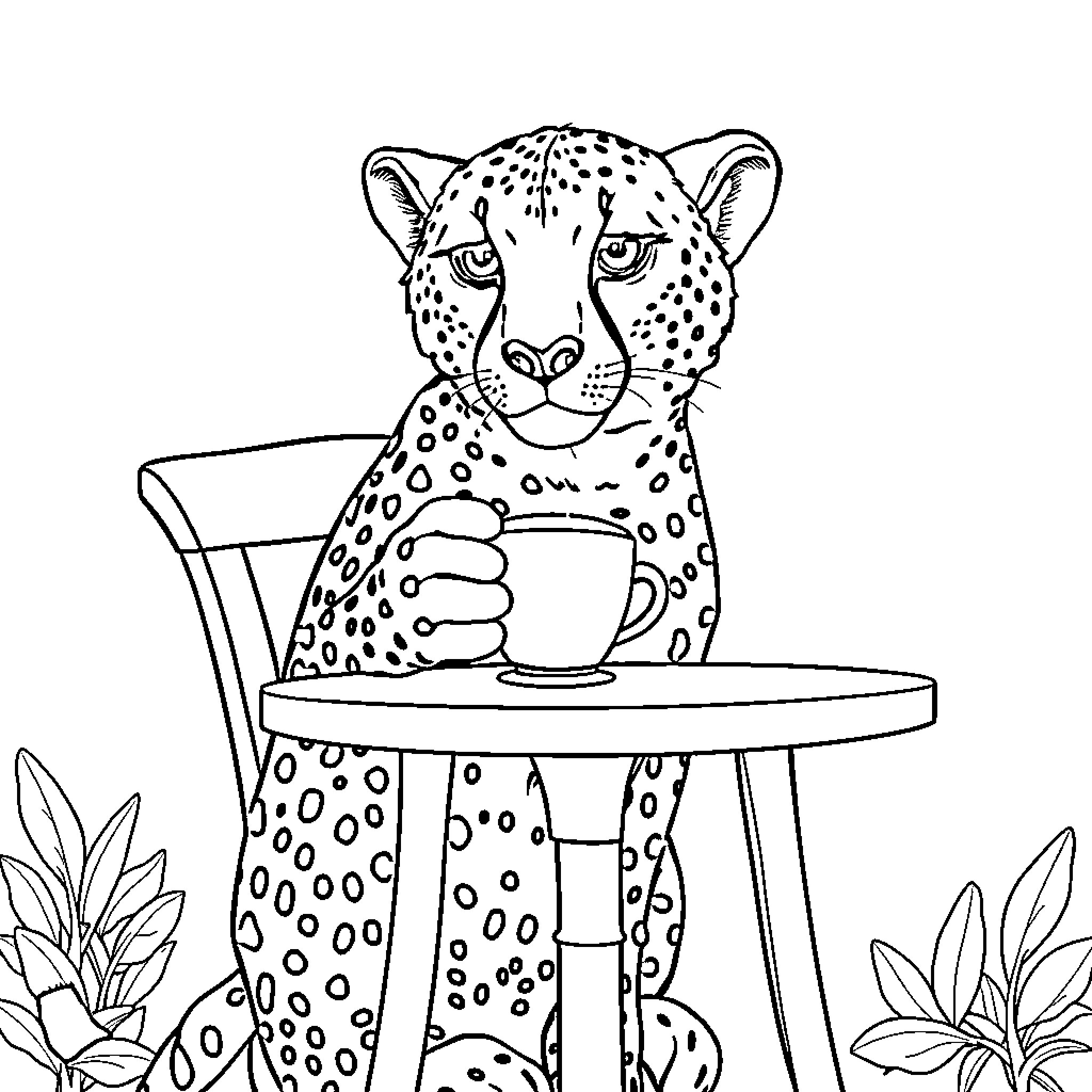 Cheetah enjoying a cup of coffee in the jungle Coloring Page (free black-and-white line drawing printable PDF for all, from beginners to advanced learners, including children, teens, adults, and seniors)