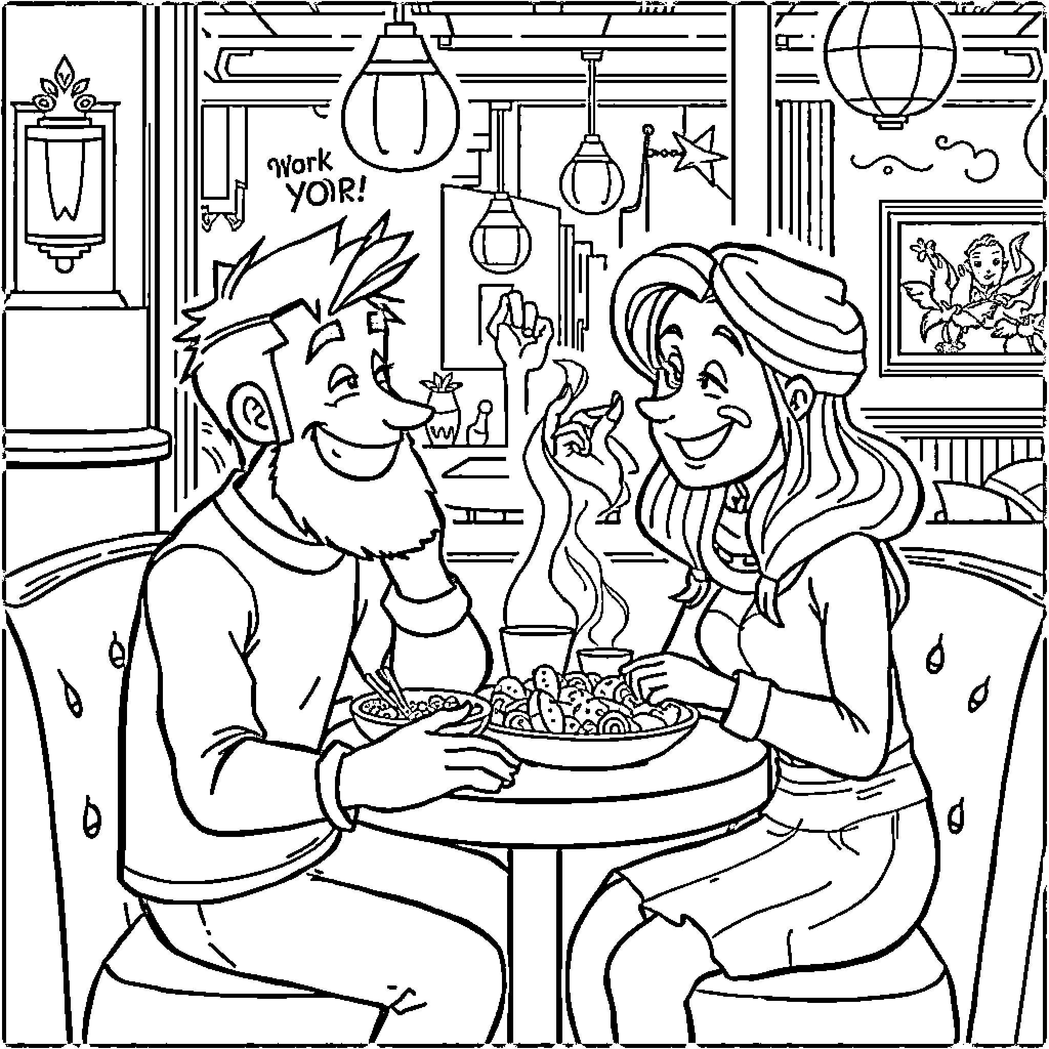 Yor Forger Enjoying Casual Meal with Companion Coloring Page (free black-and-white line drawing printable PDF for all, from beginners to advanced learners, including children, teens, adults, and seniors)