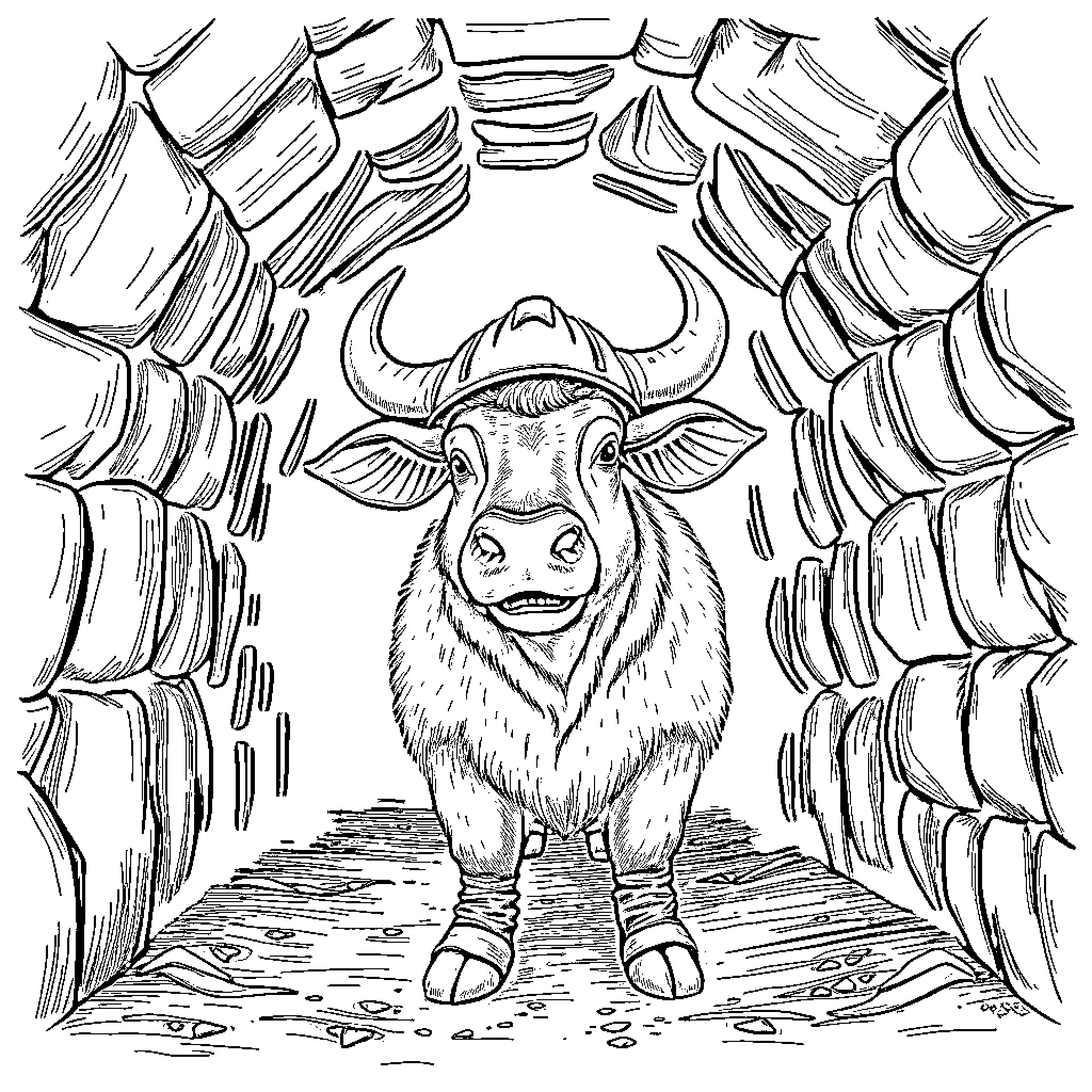 Pig in a Whimsical Cavern Coloring Page (free black-and-white line drawing printable PDF for all, from beginners to advanced learners, including children, teens, adults, and seniors)
