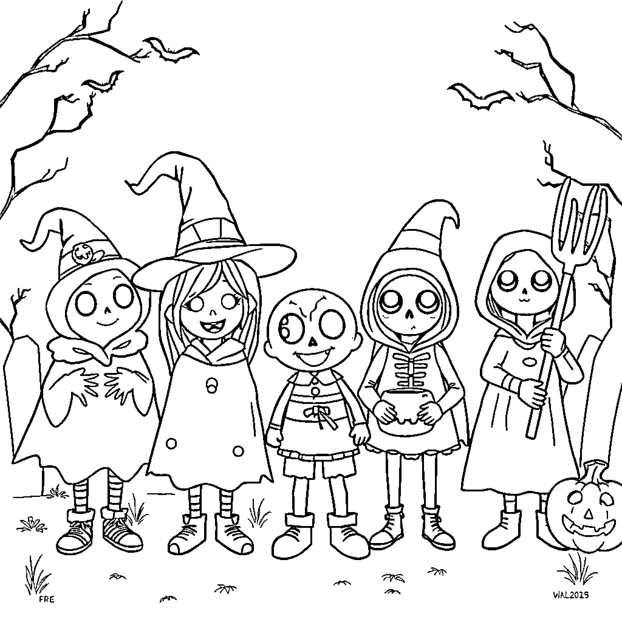 Halloween Characters in Spooky Costumes and Scenery Coloring Page (free black-and-white line drawing printable PDF for all, from beginners to advanced learners, including children, teens, adults, and seniors)