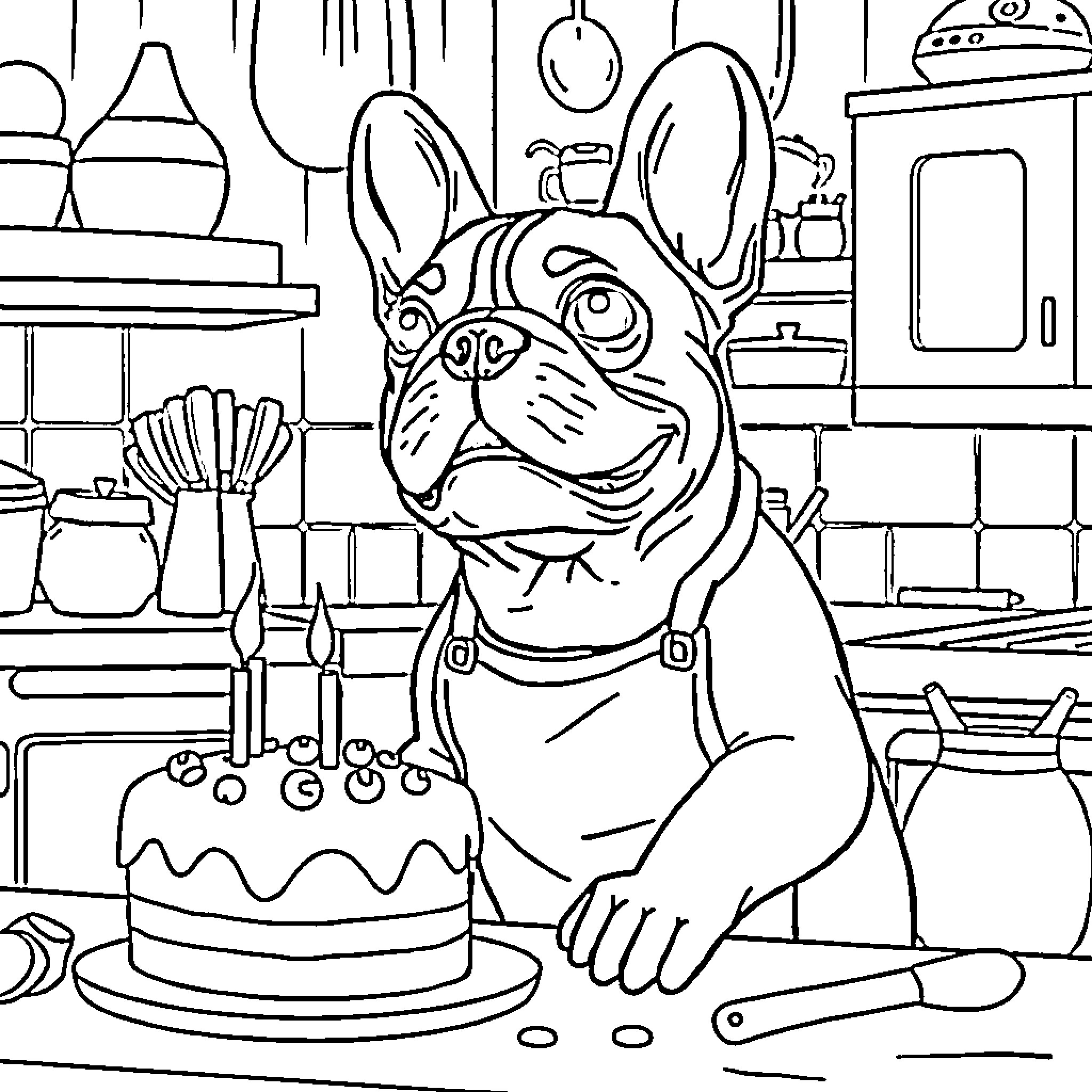 French Bulldog enjoying a birthday cake in the kitchen Coloring Page (free black-and-white line drawing printable PDF for all, from beginners to advanced learners, including children, teens, adults, and seniors)