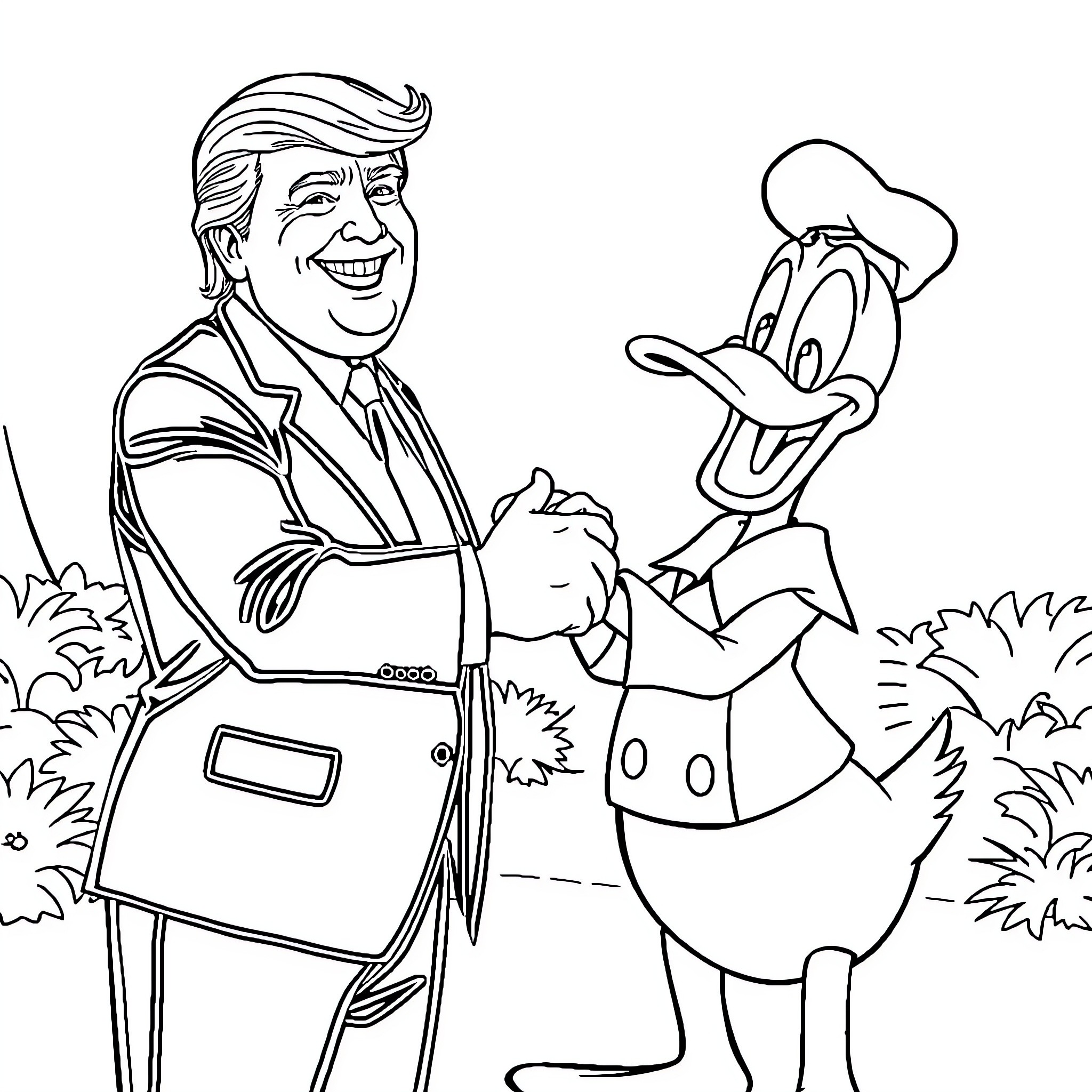 Donald and Duck Presenting a Surprise Coloring Page (free black-and-white line drawing printable PDF for all, from beginners to advanced learners, including children, teens, adults, and seniors)