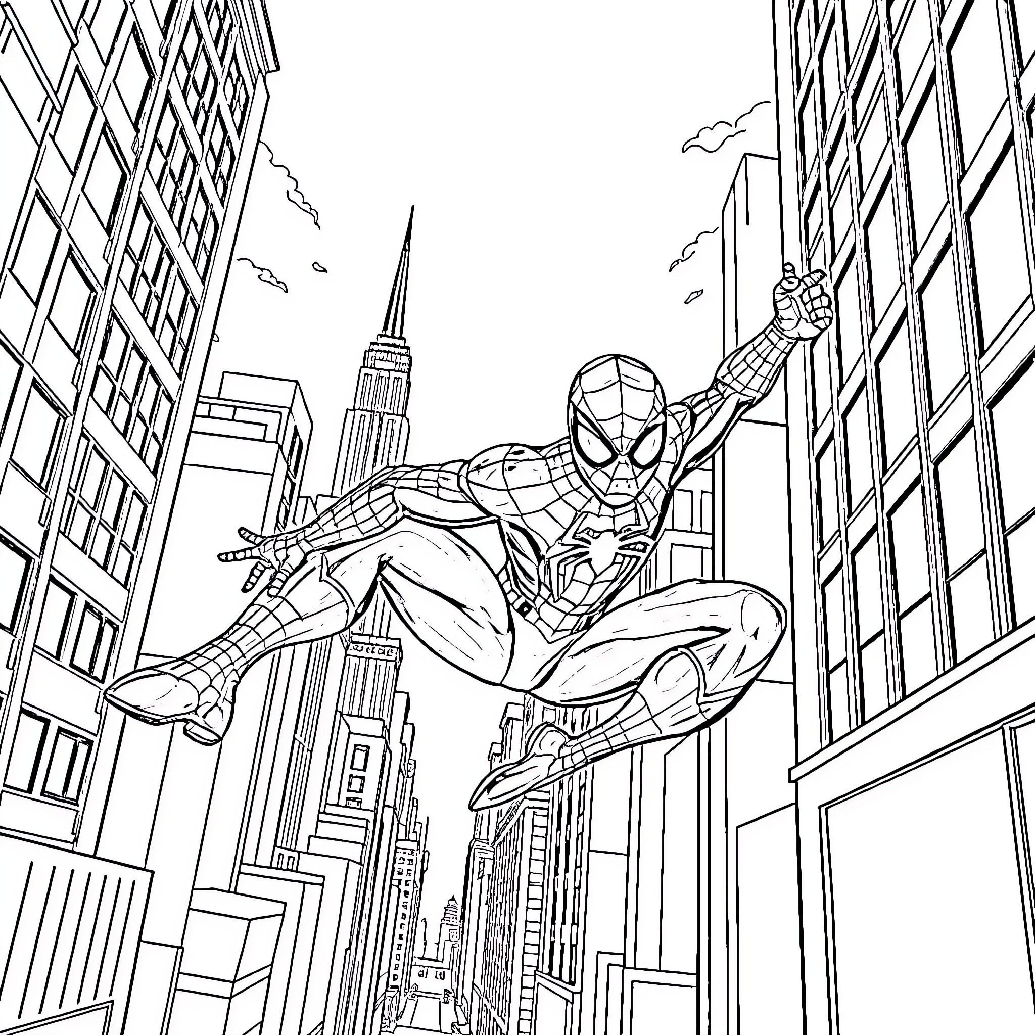 Spiderman swinging through the city skyline Coloring Page (free black-and-white line drawing printable PDF for all, from beginners to advanced learners, including children, teens, adults, and seniors)