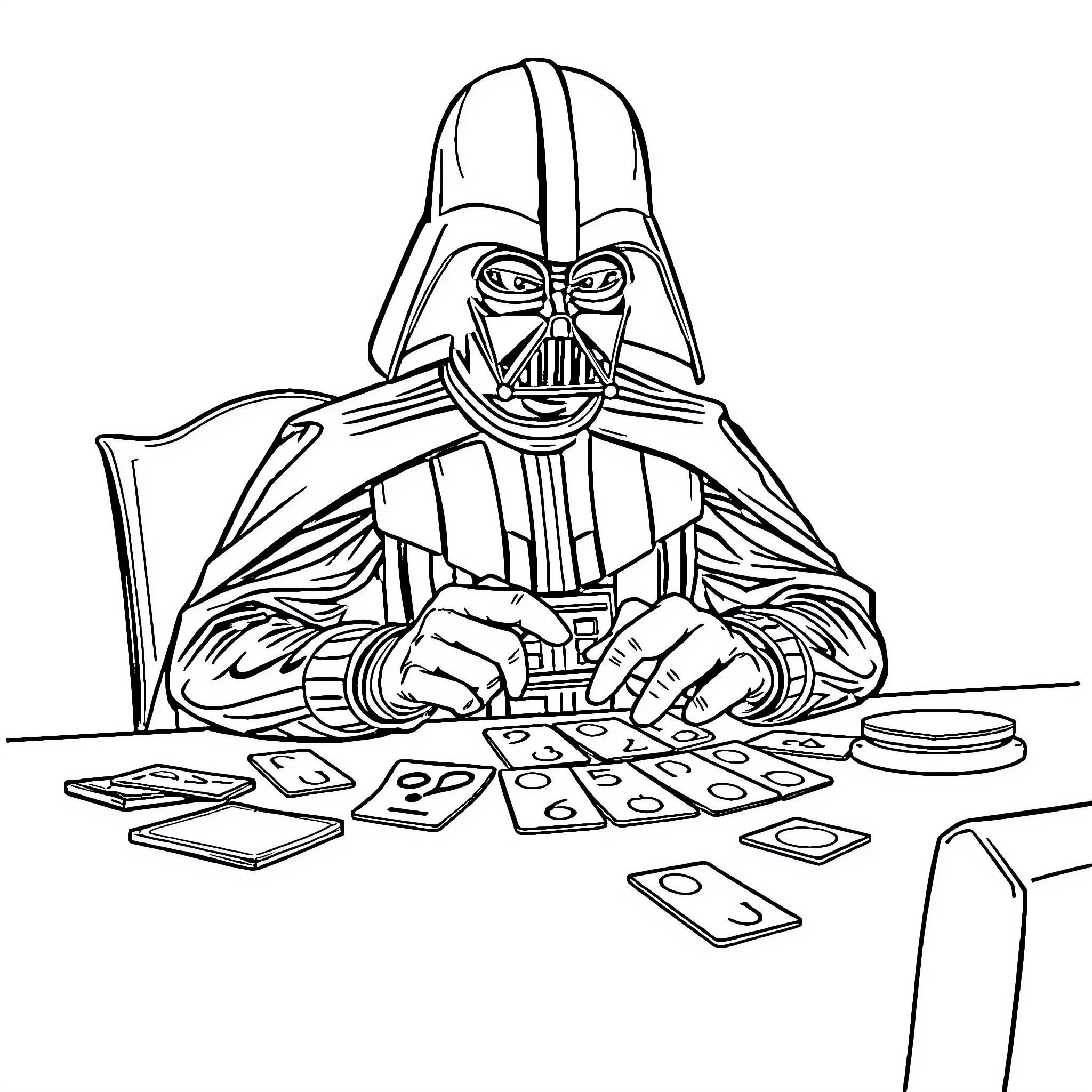 Darth Vader Playing Board Games Intensely Coloring Page (free black-and-white line drawing printable PDF for all, from beginners to advanced learners, including children, teens, adults, and seniors)