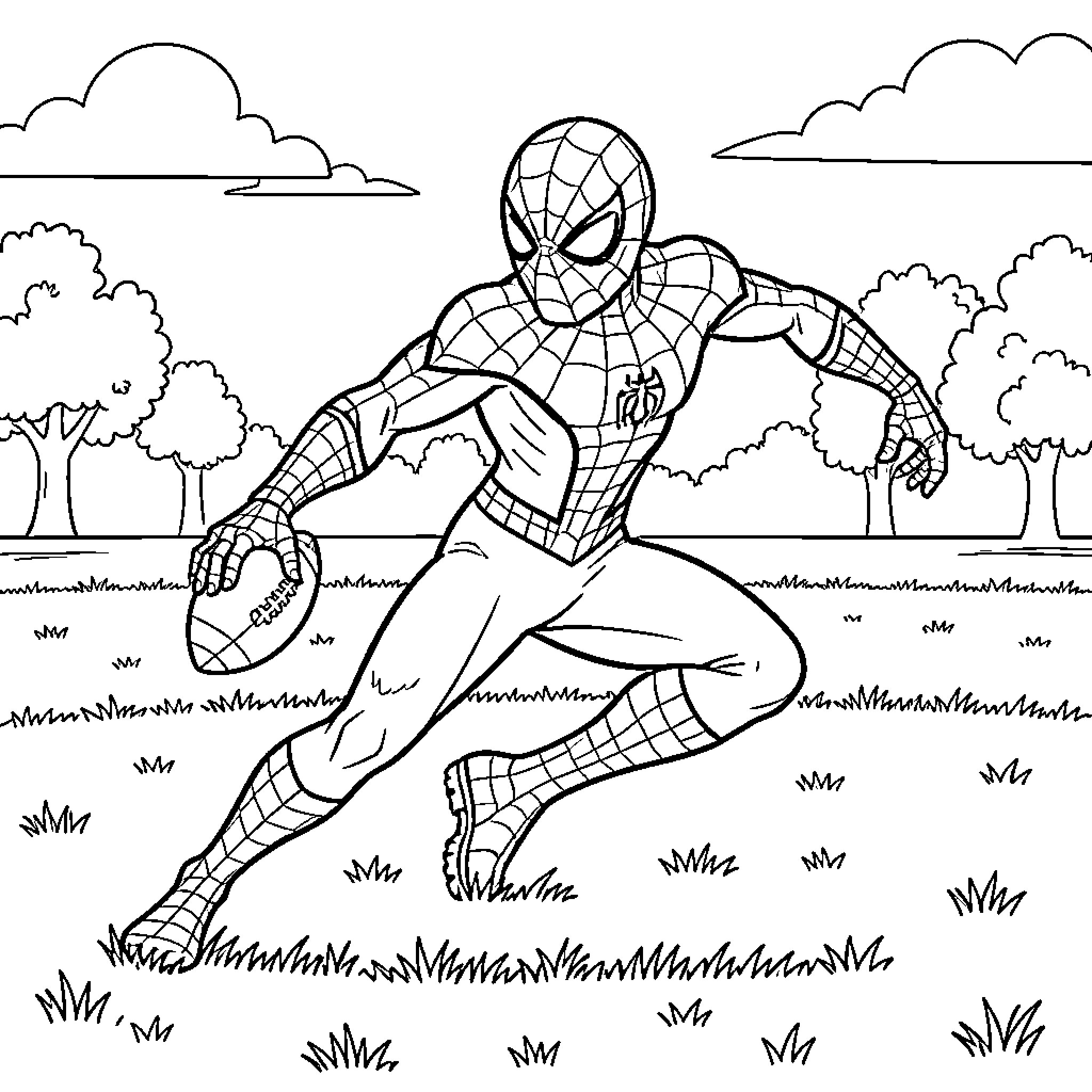 Spider-Man running through a field with a football Coloring Page (free black-and-white line drawing printable PDF for all, from beginners to advanced learners, including children, teens, adults, and seniors)