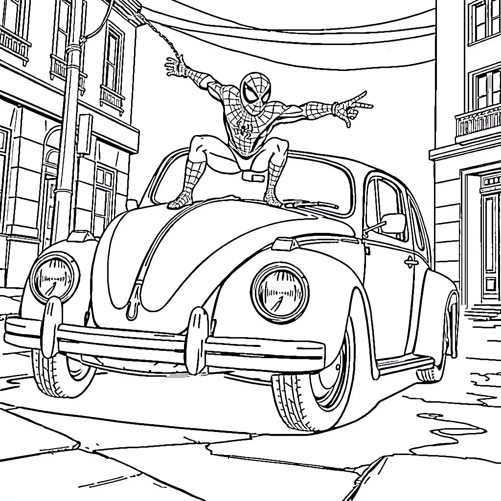 Volkswagen Beetle with Spiderman on top Coloring Page (free black-and-white line drawing printable PDF for all, from beginners to advanced learners, including children, teens, adults, and seniors)