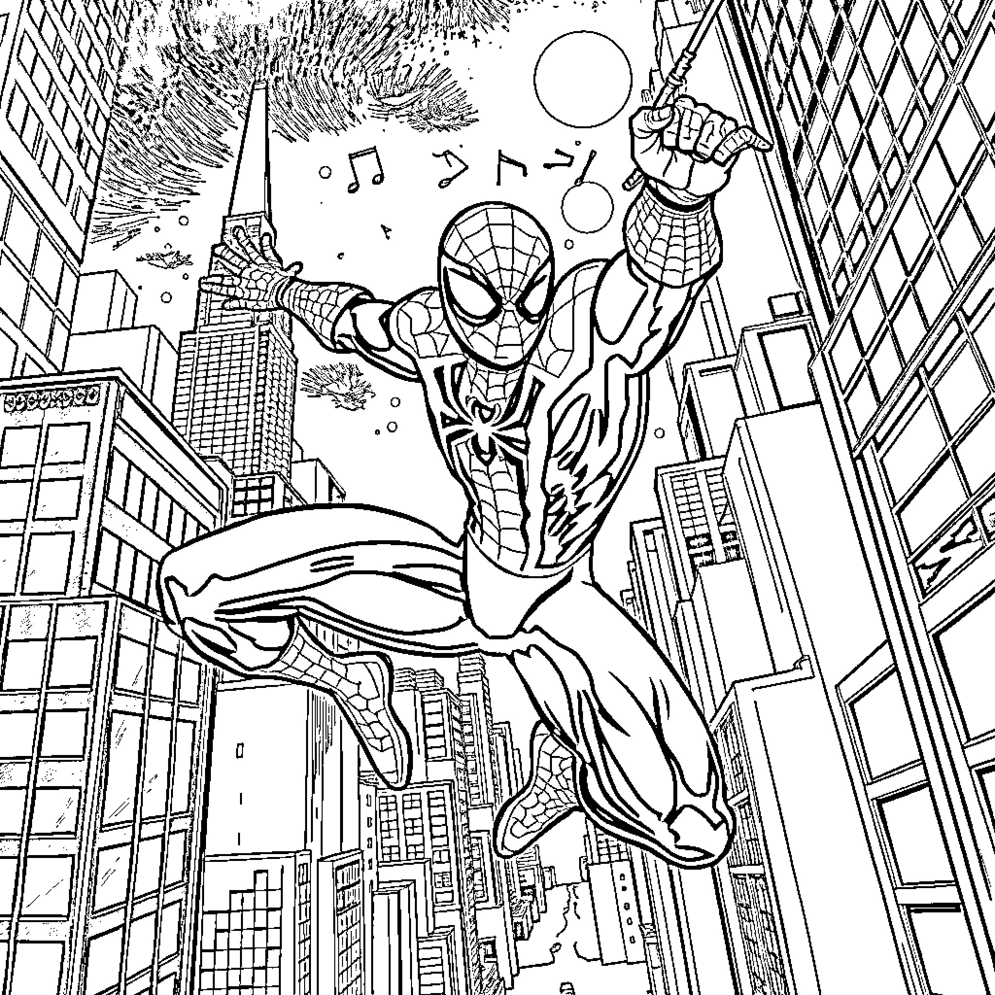 Spiderman swinging through the city with excitement Coloring Page (free black-and-white line drawing printable PDF for all, from beginners to advanced learners, including children, teens, adults, and seniors)