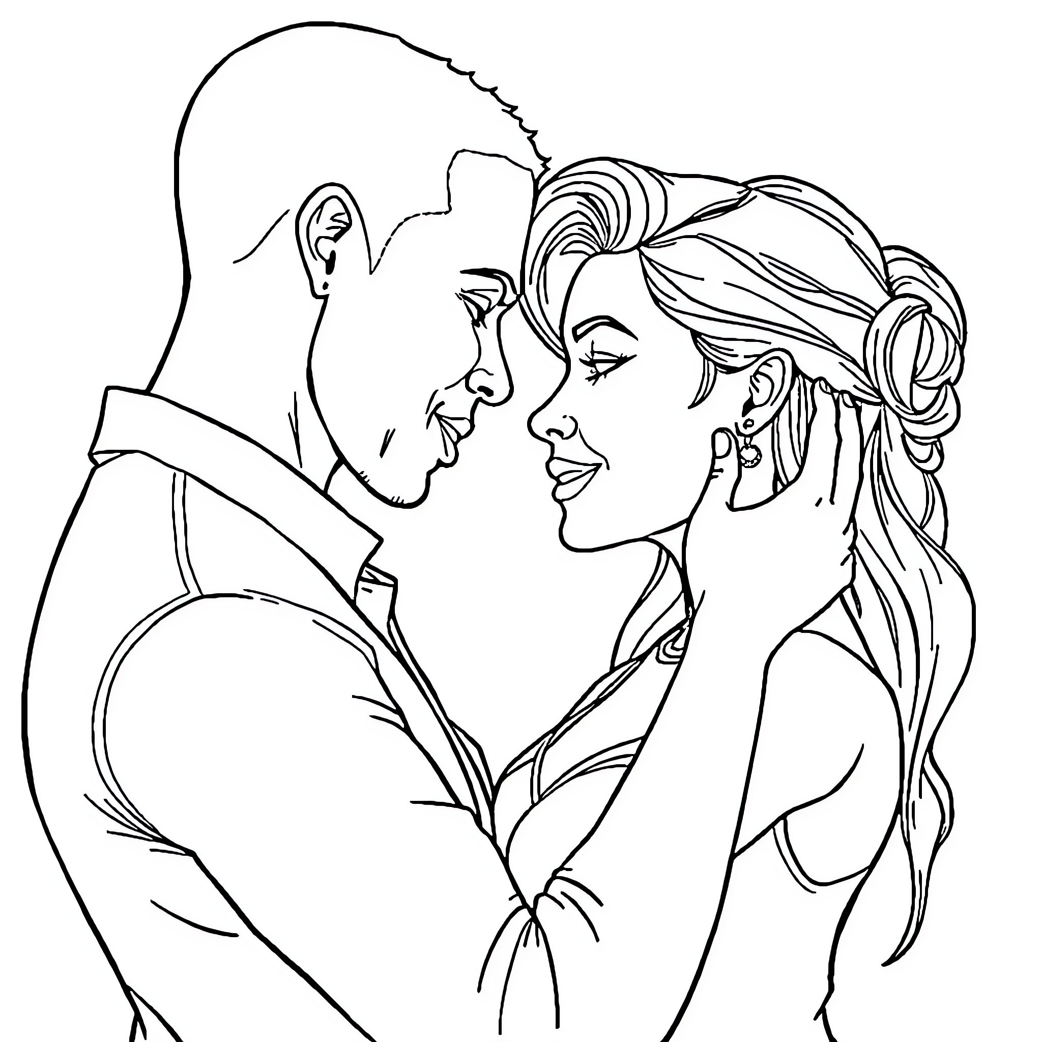 Adult couple in tender embrace Coloring Page (free black-and-white line drawing printable PDF for all, from beginners to advanced learners, including children, teens, adults, and seniors)