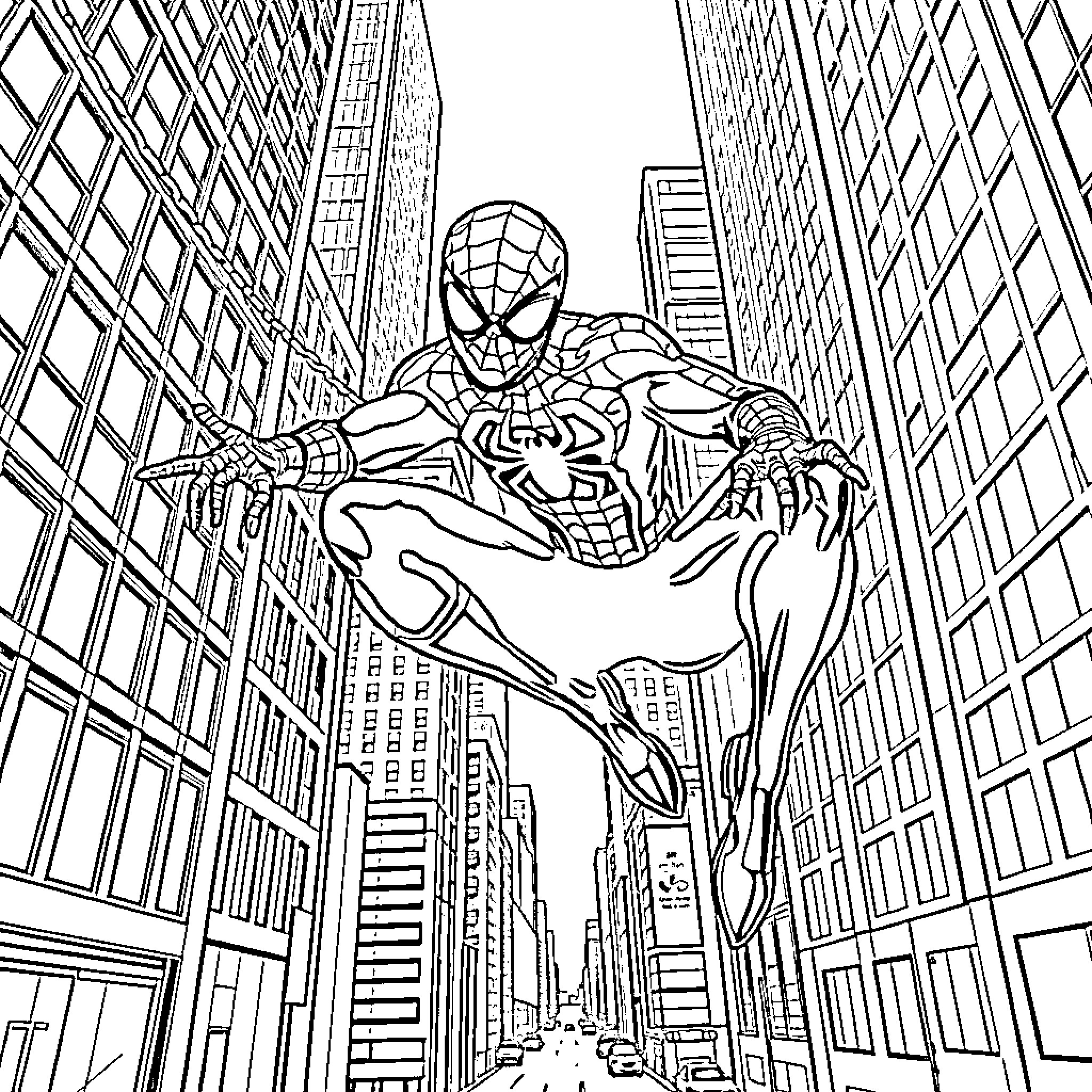 Spiderman swinging through the city skyline Coloring Page (free black-and-white line drawing printable PDF for all, from beginners to advanced learners, including children, teens, adults, and seniors)