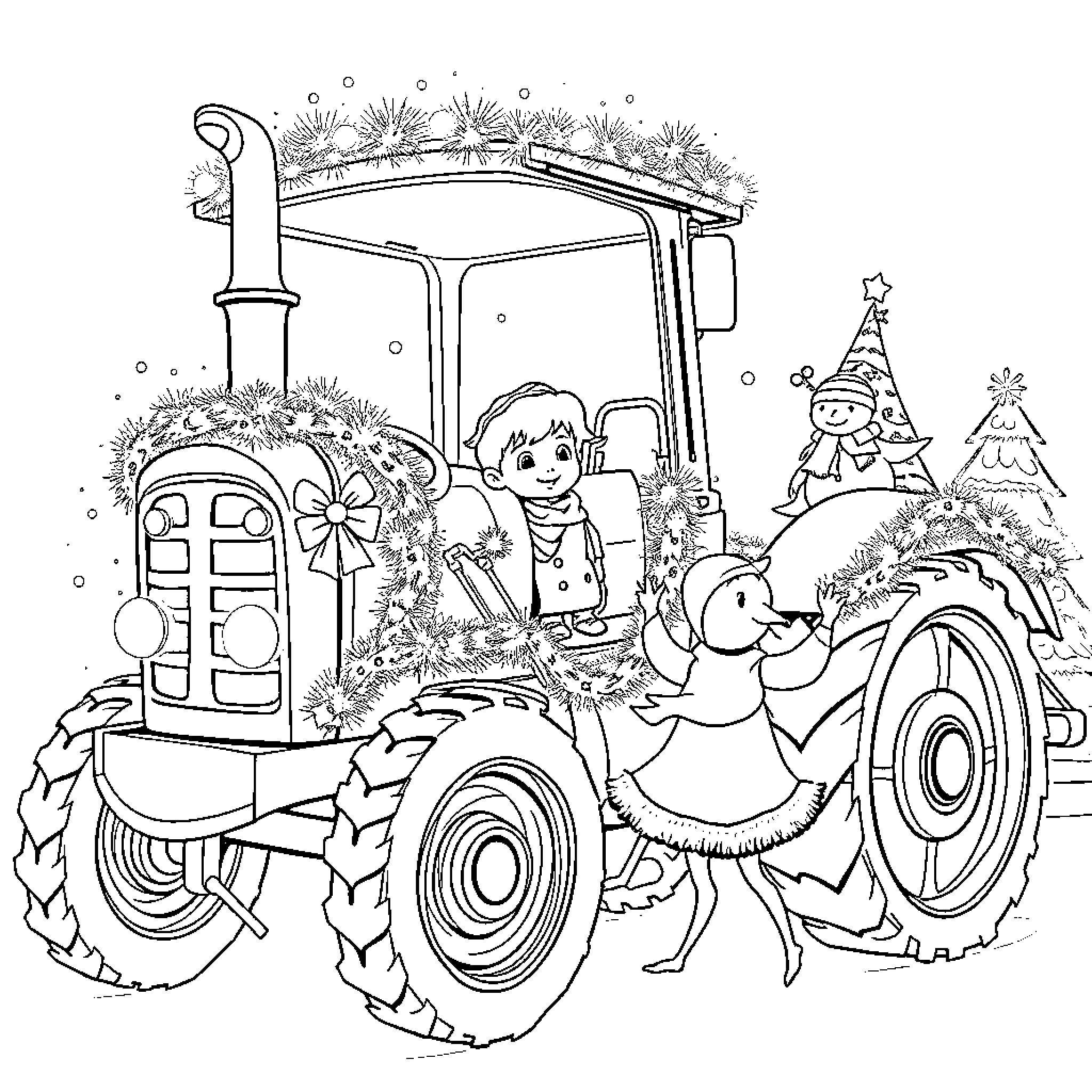 Tractor bringing joy and festivity Coloring Page (free black-and-white line drawing printable PDF for all, from beginners to advanced learners, including children, teens, adults, and seniors)
