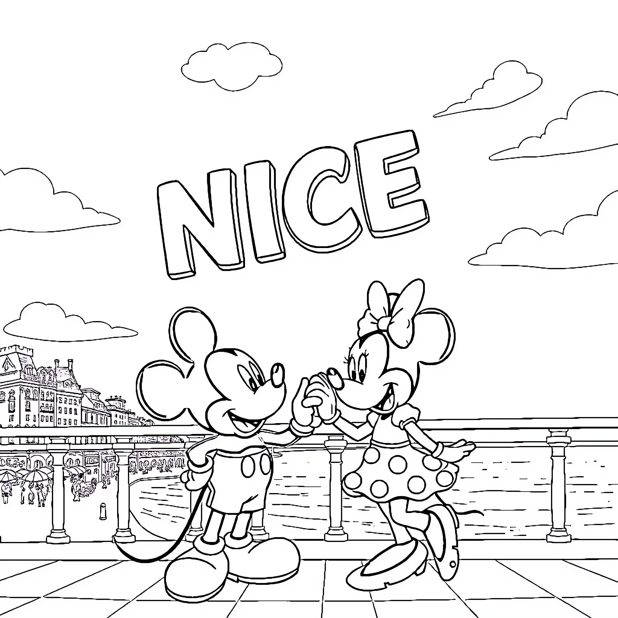 Mickey and Minnie's Nice Day in the City Coloring Page (free black-and-white line drawing printable PDF for all, from beginners to advanced learners, including children, teens, adults, and seniors)