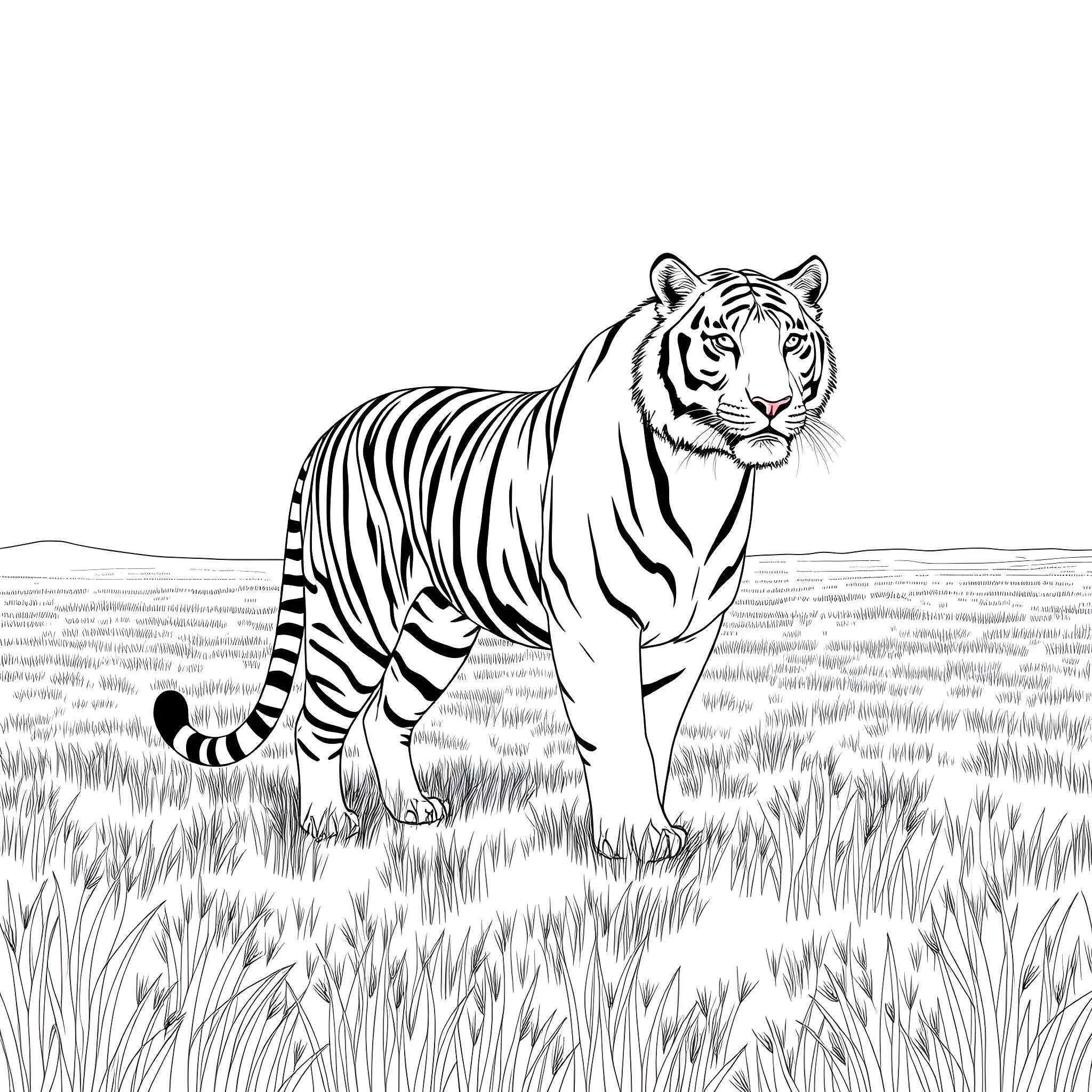 Tiger standing proudly in a grassy field Coloring Page (free black-and-white line drawing printable PDF for all, from beginners to advanced learners, including children, teens, adults, and seniors)