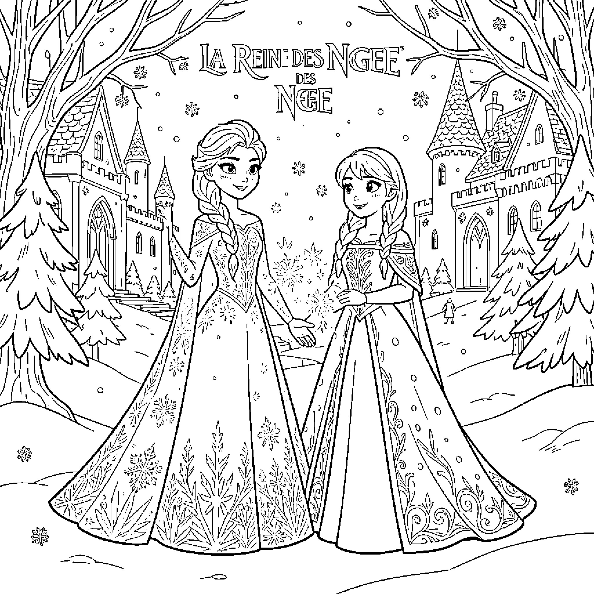 Snow Queen and princess standing in a winter landscape Coloring Page (free black-and-white line drawing printable PDF for all, from beginners to advanced learners, including children, teens, adults, and seniors)
