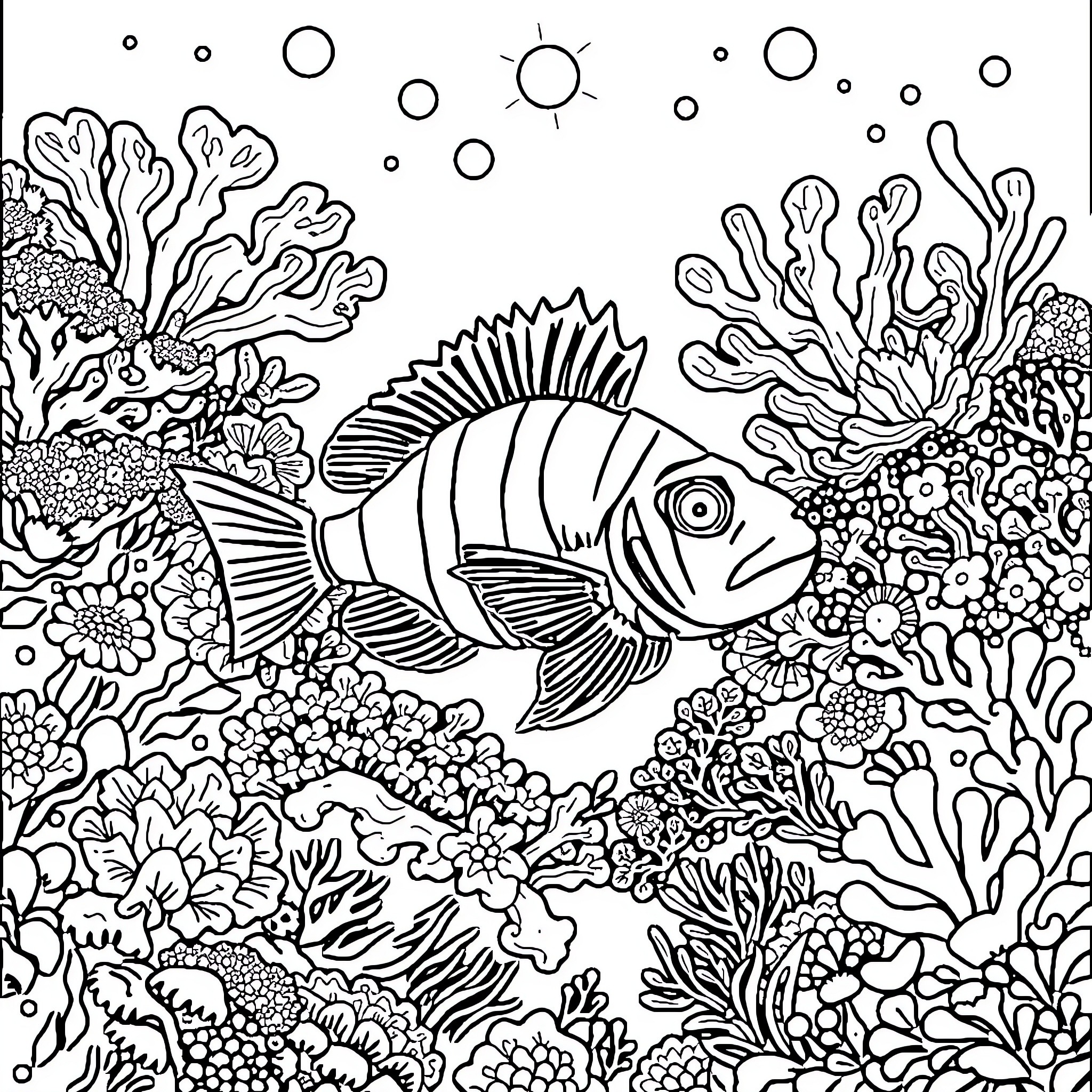 Anglerfish in Vibrant Underwater Coral Reef Coloring Page (free black-and-white line drawing printable PDF for all, from beginners to advanced learners, including children, teens, adults, and seniors)