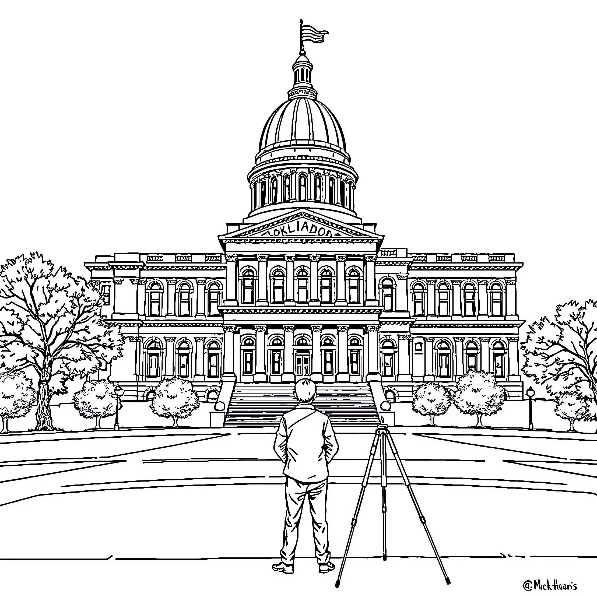 Journalist capturing the iconic Capitol Building Coloring Page (free black-and-white line drawing printable PDF for all, from beginners to advanced learners, including children, teens, adults, and seniors)