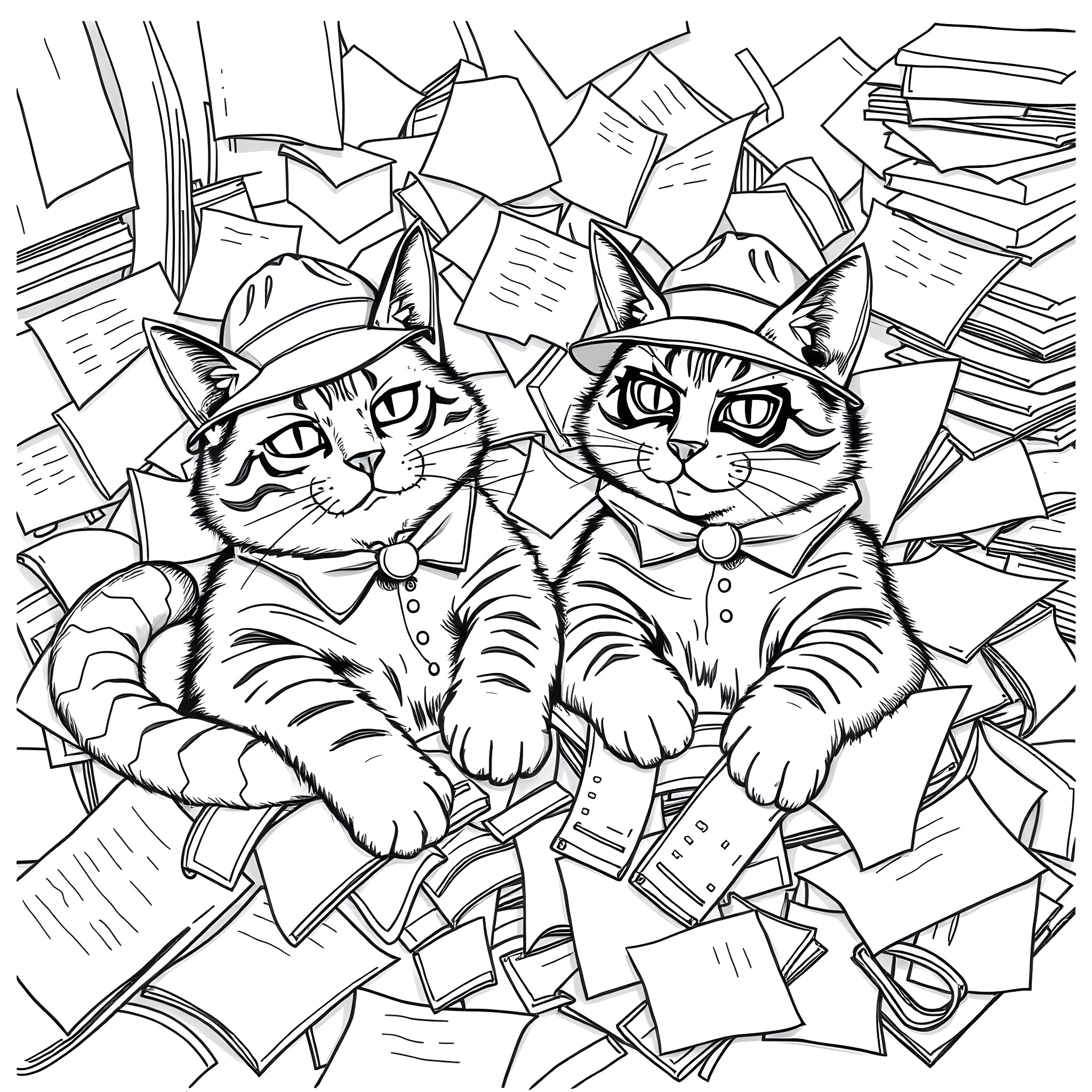 Cat Detectives Investigating Messy Scene Coloring Page (free black-and-white line drawing printable PDF for all, from beginners to advanced learners, including children, teens, adults, and seniors)