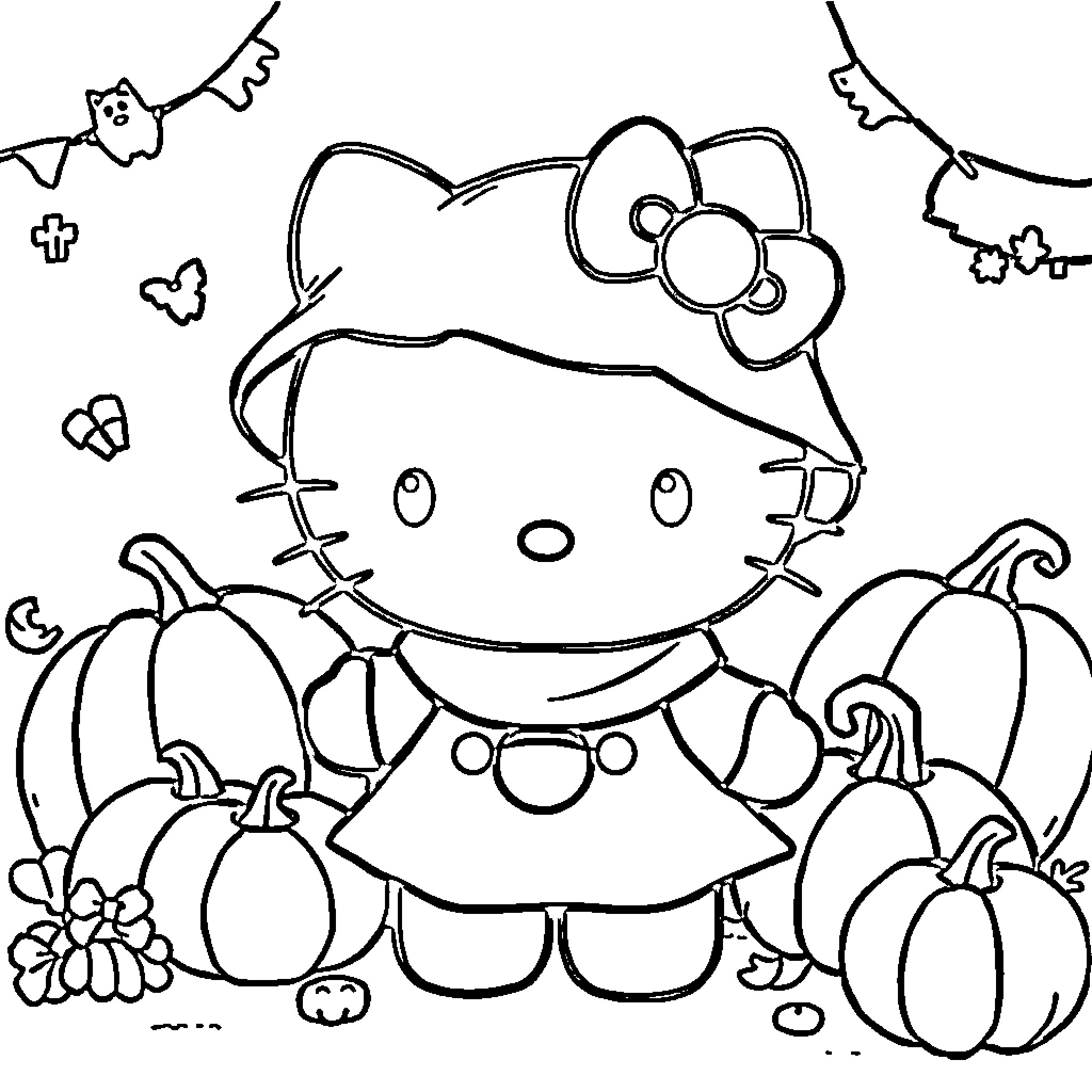 Hello Kitty enjoying autumn nature with pumpkins Coloring Page (free black-and-white line drawing printable PDF for all, from beginners to advanced learners, including children, teens, adults, and seniors)