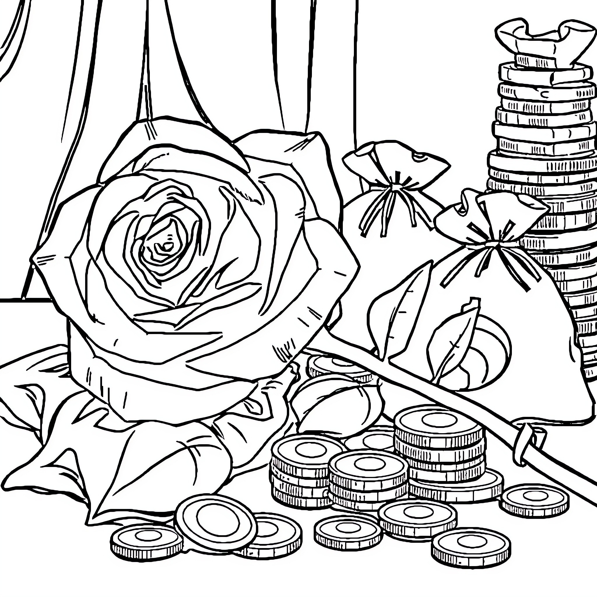 Rose Adorned with Coins and Accessories Coloring Page (free black-and-white line drawing printable PDF for all, from beginners to advanced learners, including children, teens, adults, and seniors)