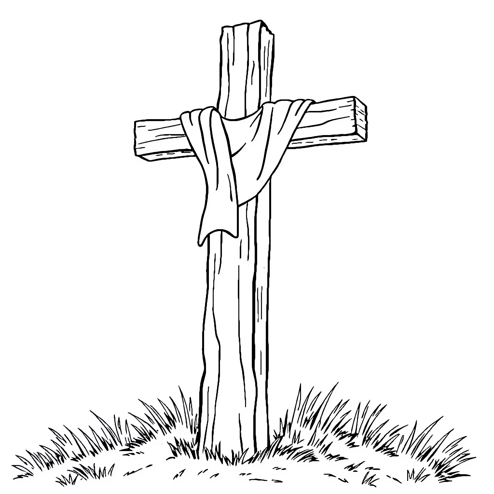 Cross standing in grassy field Coloring Page (free black-and-white line drawing printable PDF for all, from beginners to advanced learners, including children, teens, adults, and seniors)
