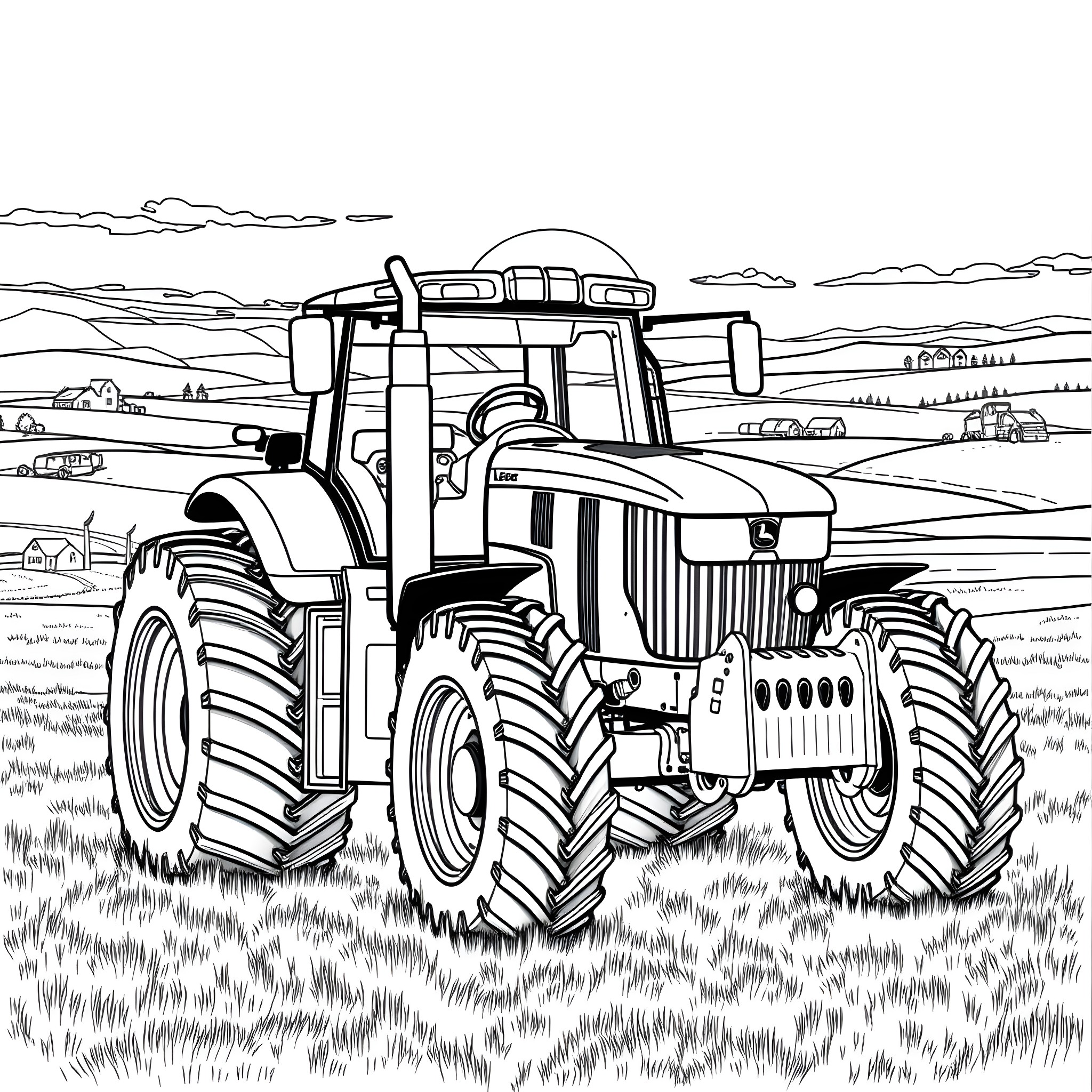John Deere tractor working in the countryside Coloring Page (free black-and-white line drawing printable PDF for all, from beginners to advanced learners, including children, teens, adults, and seniors)