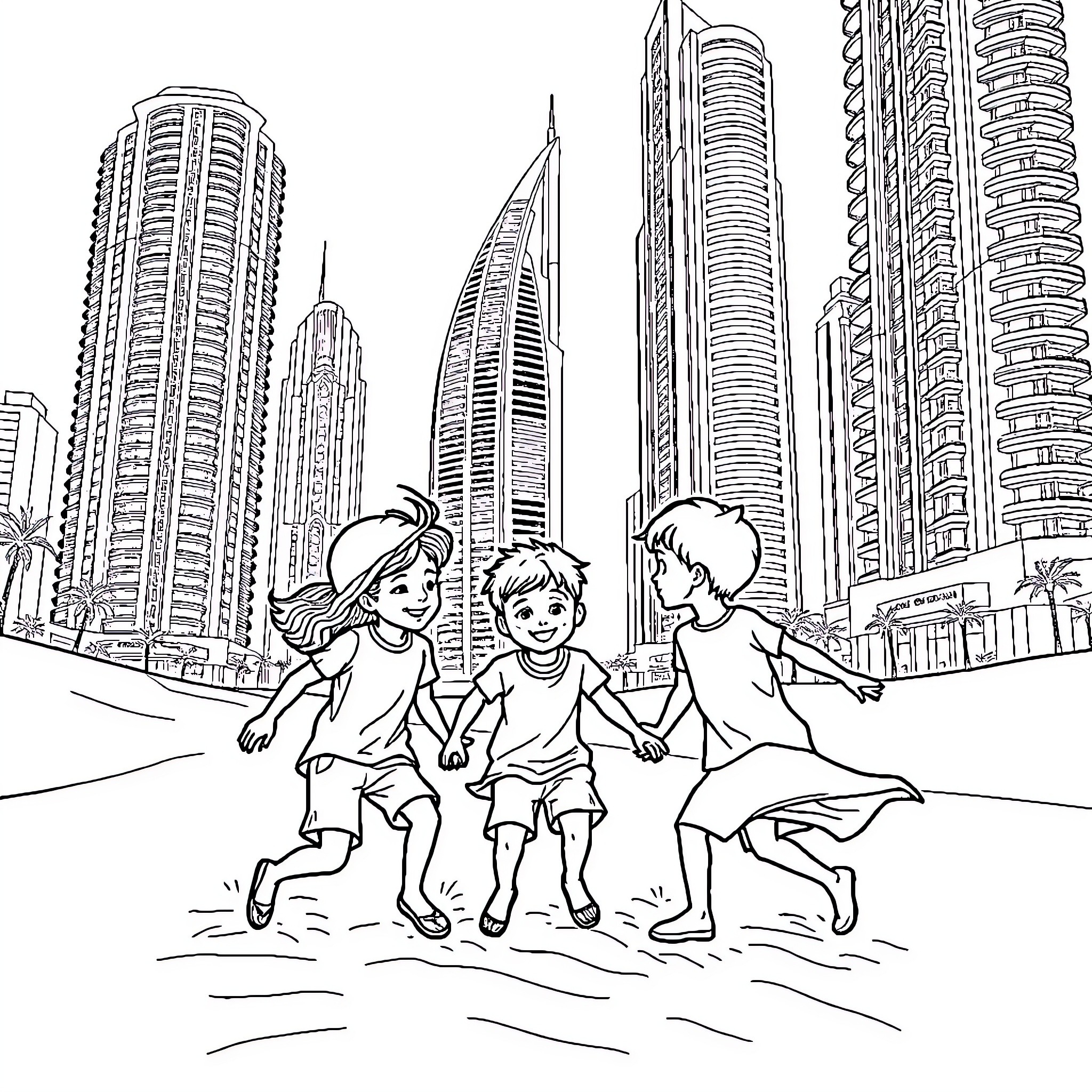 Kid Friends Playing in the City Coloring Page (free black-and-white line drawing printable PDF for all, from beginners to advanced learners, including children, teens, adults, and seniors)