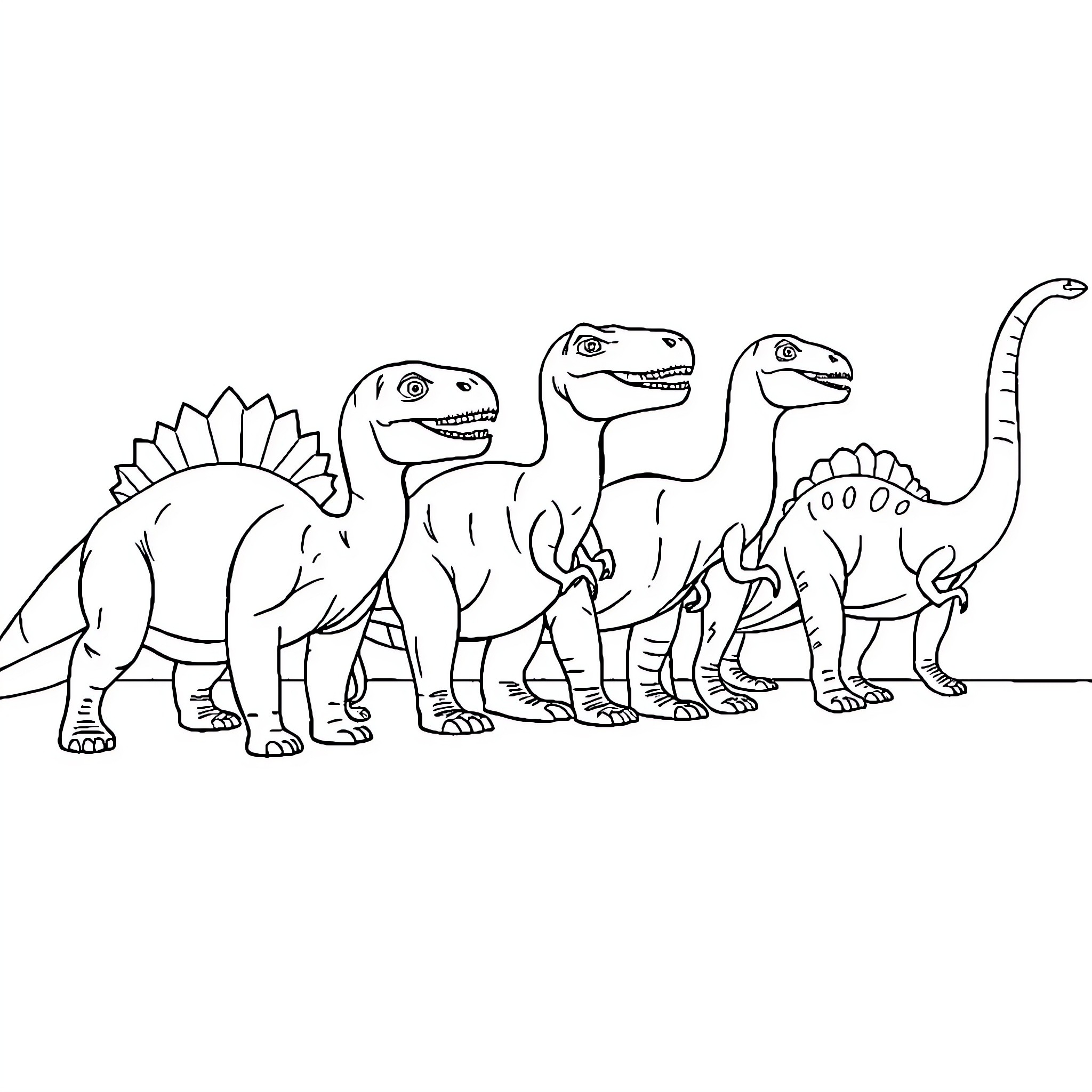 Dinosaurs Roaming in a Prehistoric Scene Coloring Page (free black-and-white line drawing printable PDF for all, from beginners to advanced learners, including children, teens, adults, and seniors)