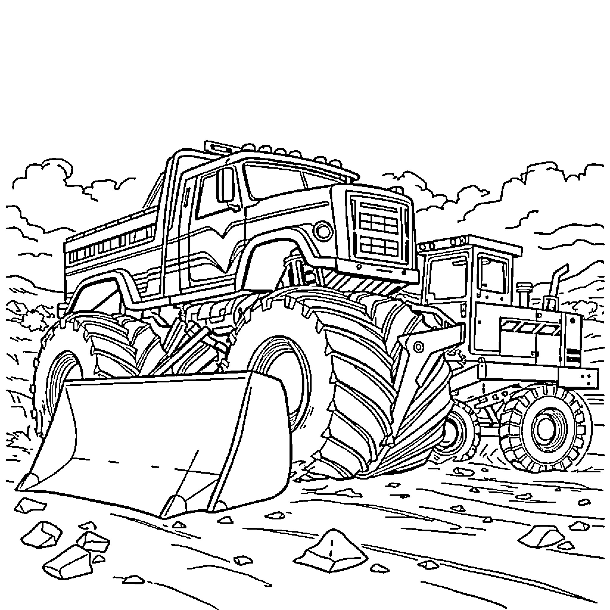 Monster Truck Crushing Rocks on Rugged Terrain Coloring Page (free black-and-white line drawing printable PDF for all, from beginners to advanced learners, including children, teens, adults, and seniors)
