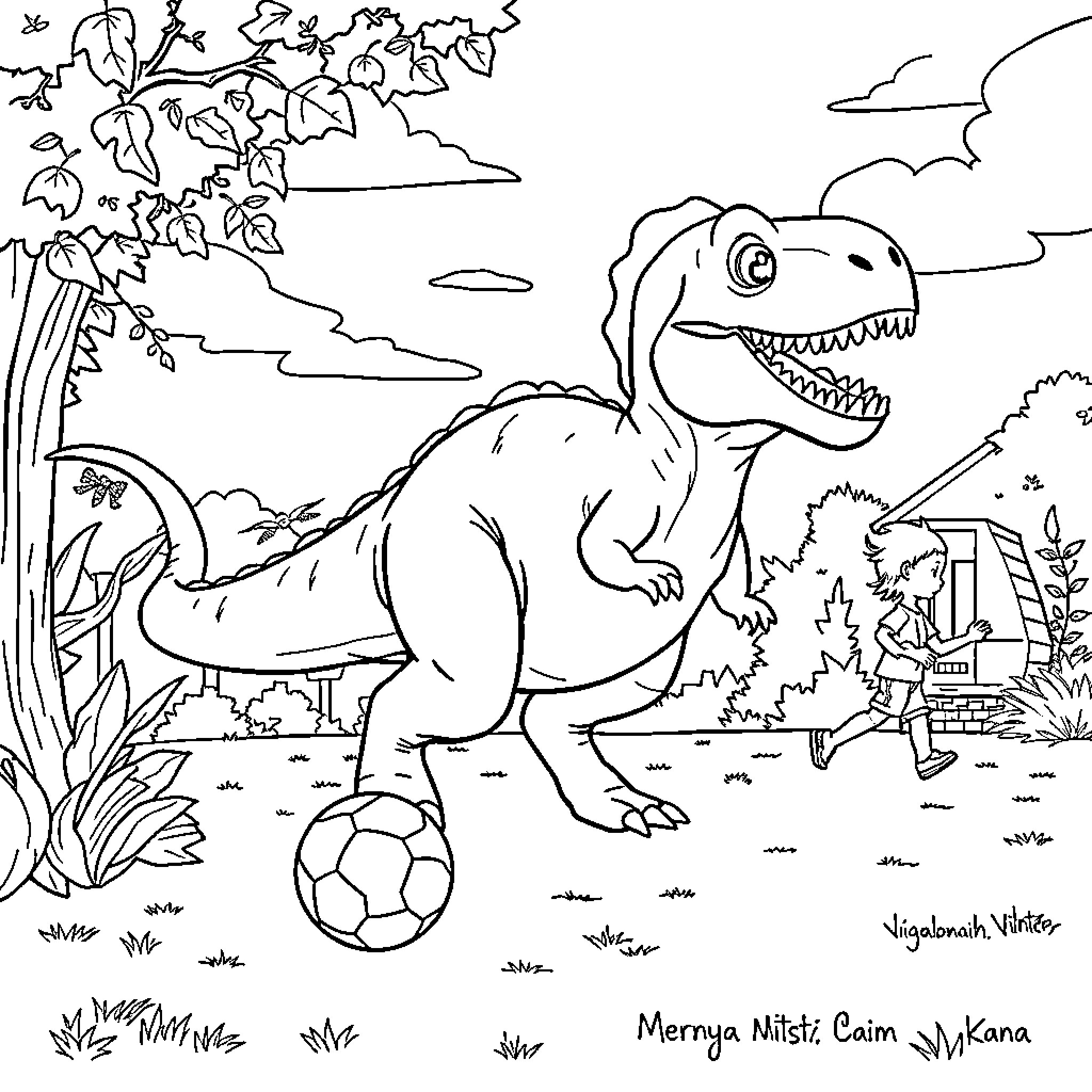 Dino playing with a soccer ball in the park Coloring Page (free black-and-white line drawing printable PDF for all, from beginners to advanced learners, including children, teens, adults, and seniors)