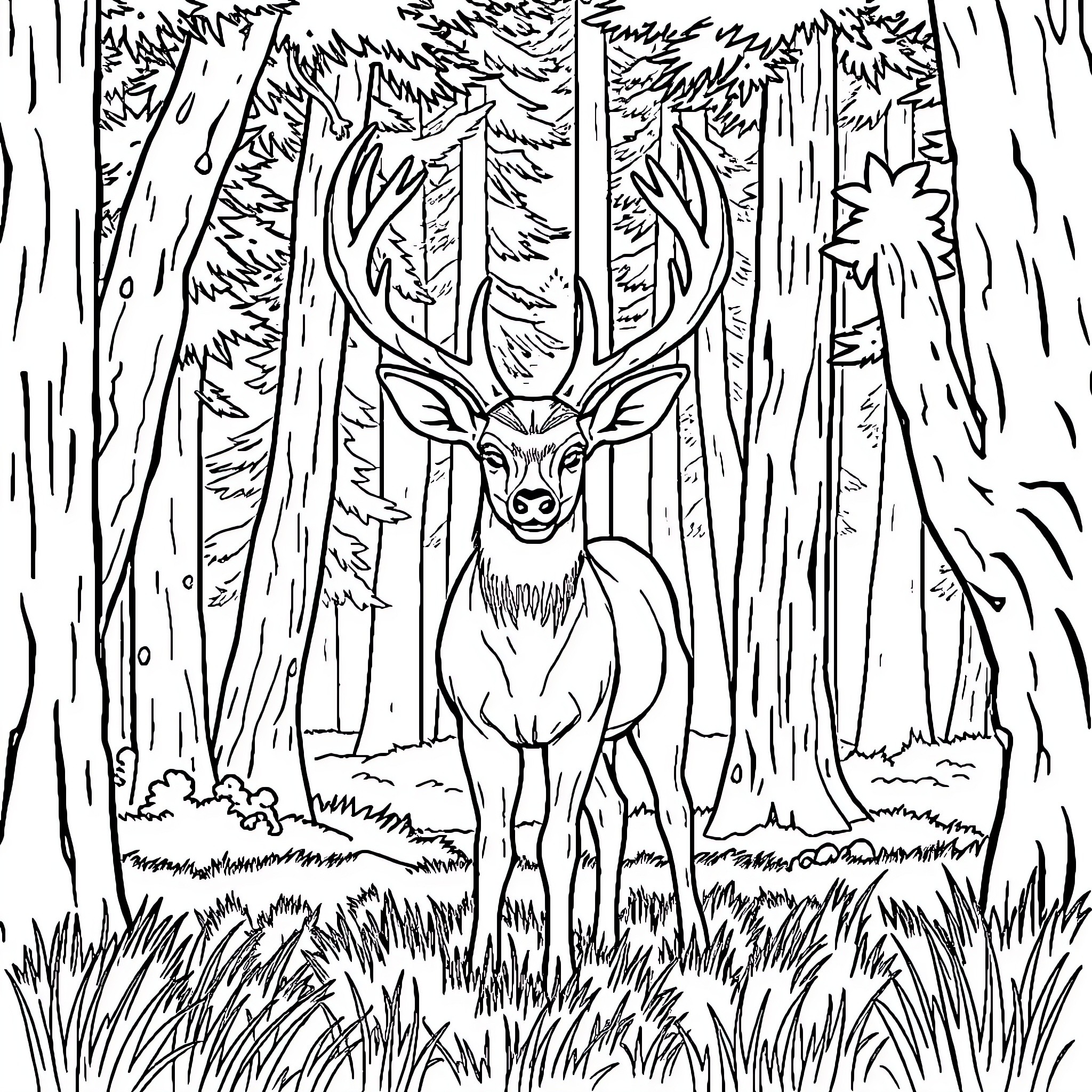 Deer standing in the forest Coloring Page (free black-and-white line drawing printable PDF for all, from beginners to advanced learners, including children, teens, adults, and seniors)