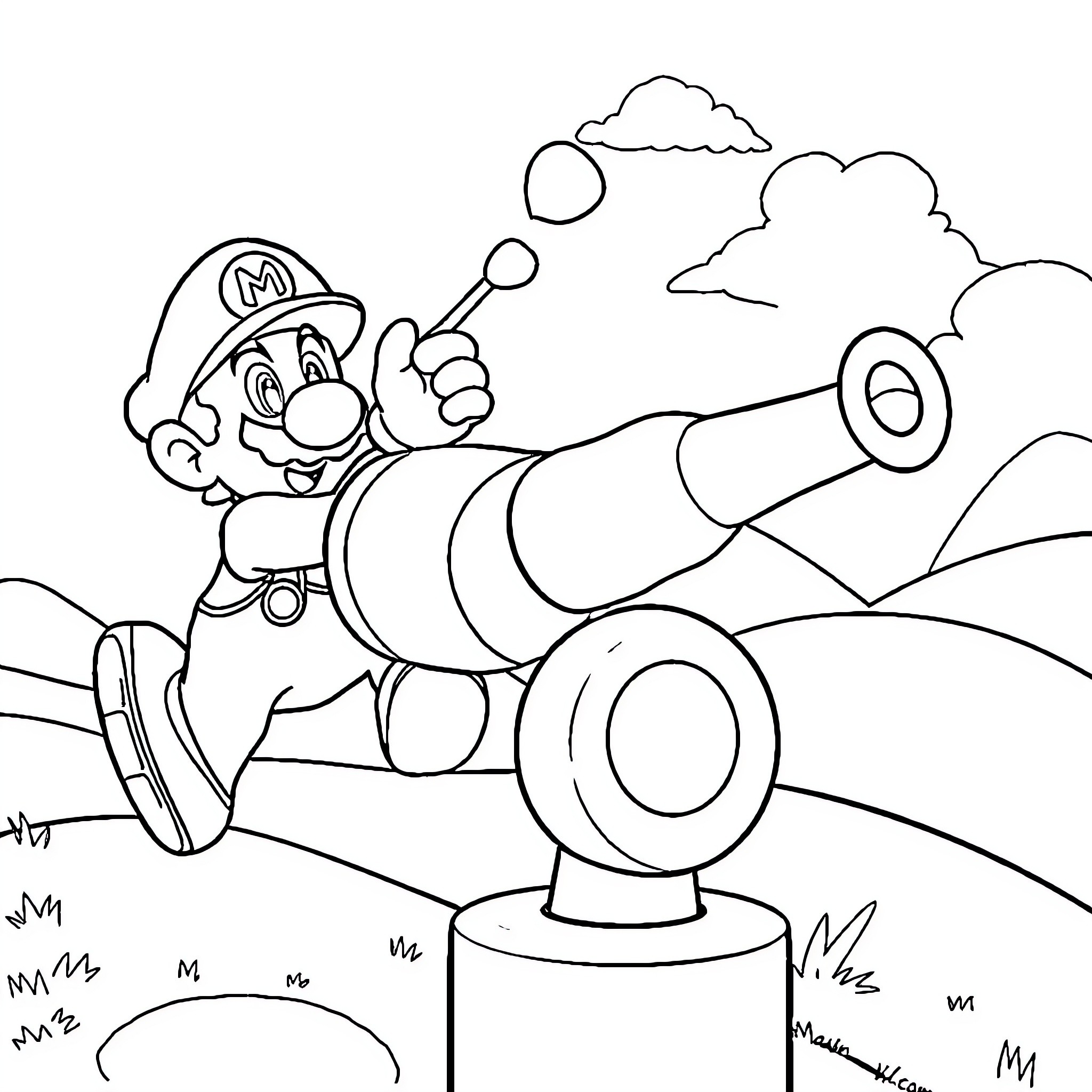 Mario Firing Up His Cannon in Outdoor Adventure Coloring Page (free black-and-white line drawing printable PDF for all, from beginners to advanced learners, including children, teens, adults, and seniors)