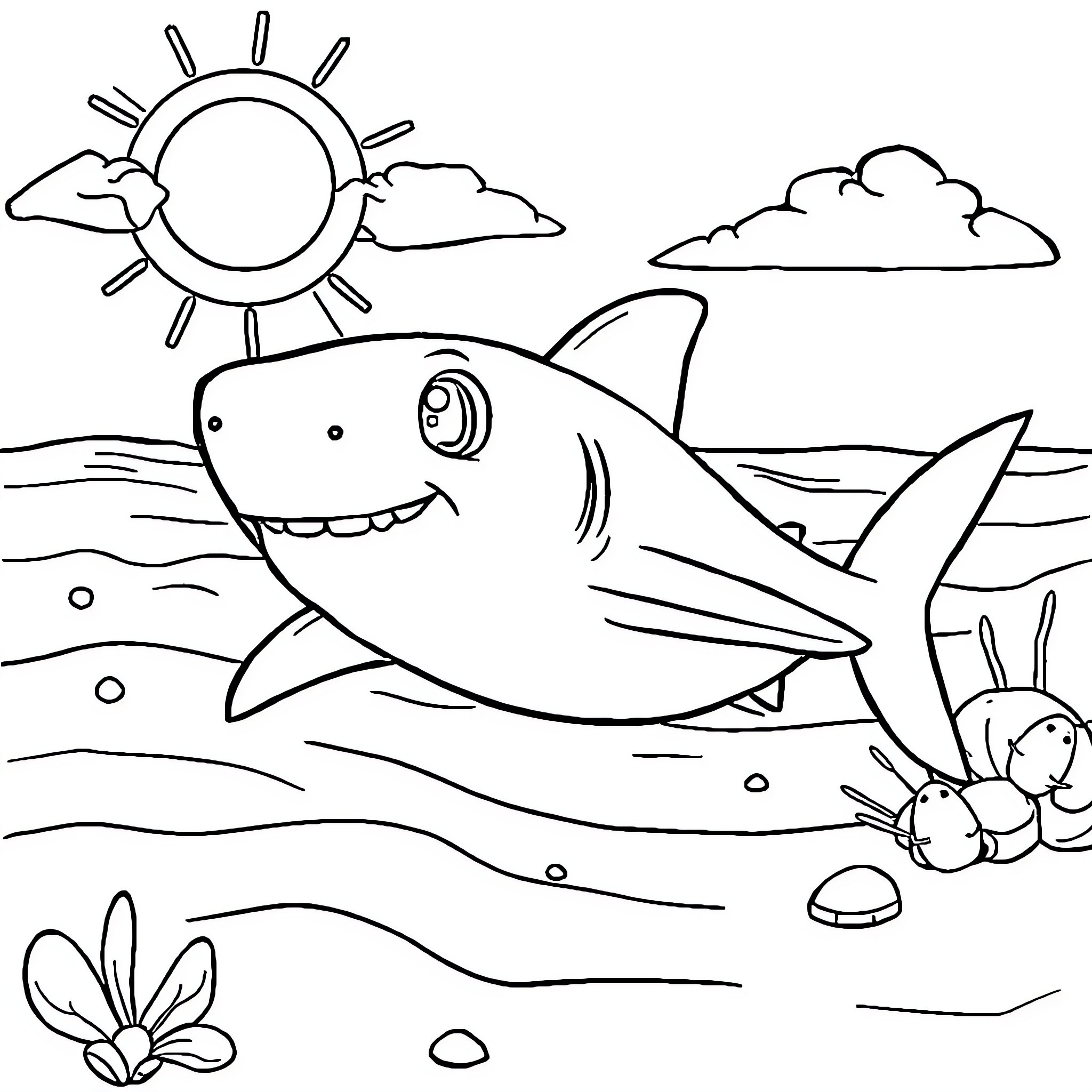 Baby Shark enjoying a sunny day at the beach Coloring Page (free black-and-white line drawing printable PDF for all, from beginners to advanced learners, including children, teens, adults, and seniors)
