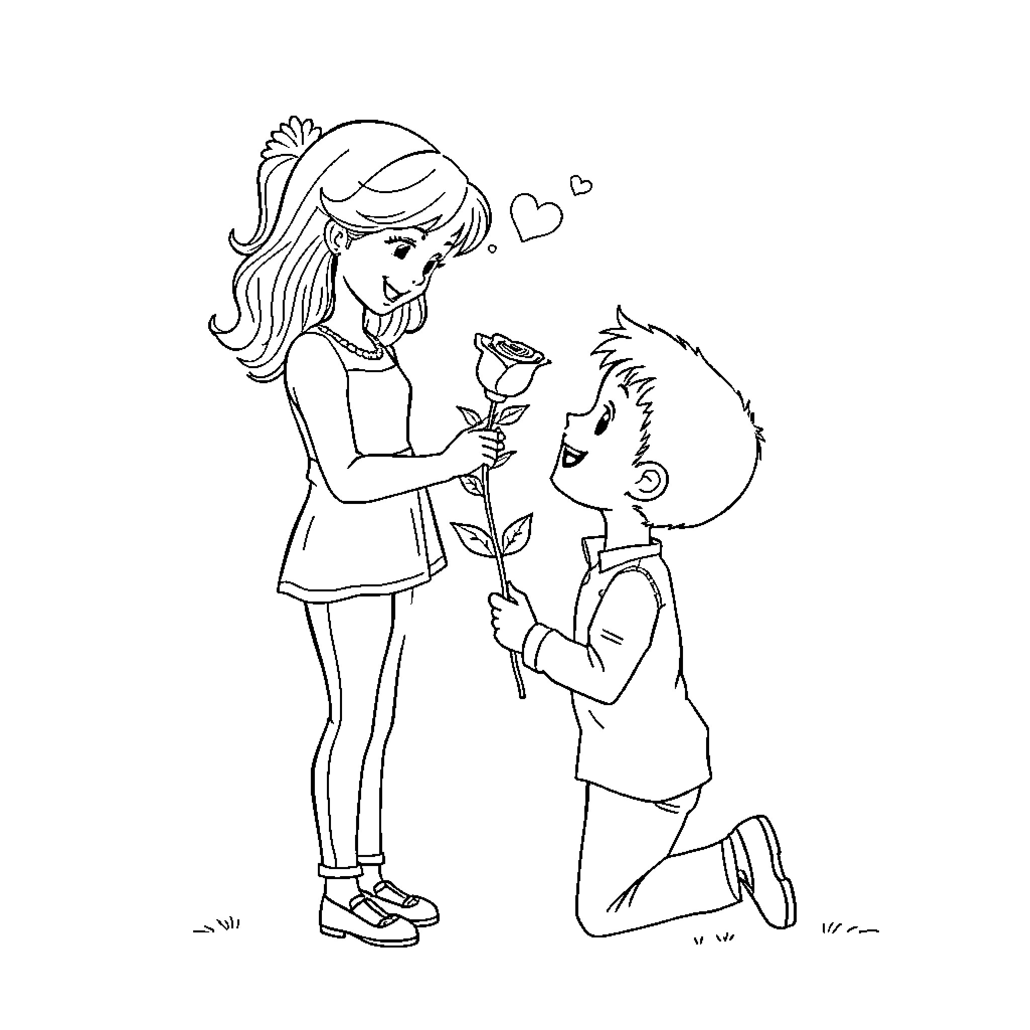 Boy giving flower to girl with happy expressions Coloring Page (free black-and-white line drawing printable PDF for all, from beginners to advanced learners, including children, teens, adults, and seniors)