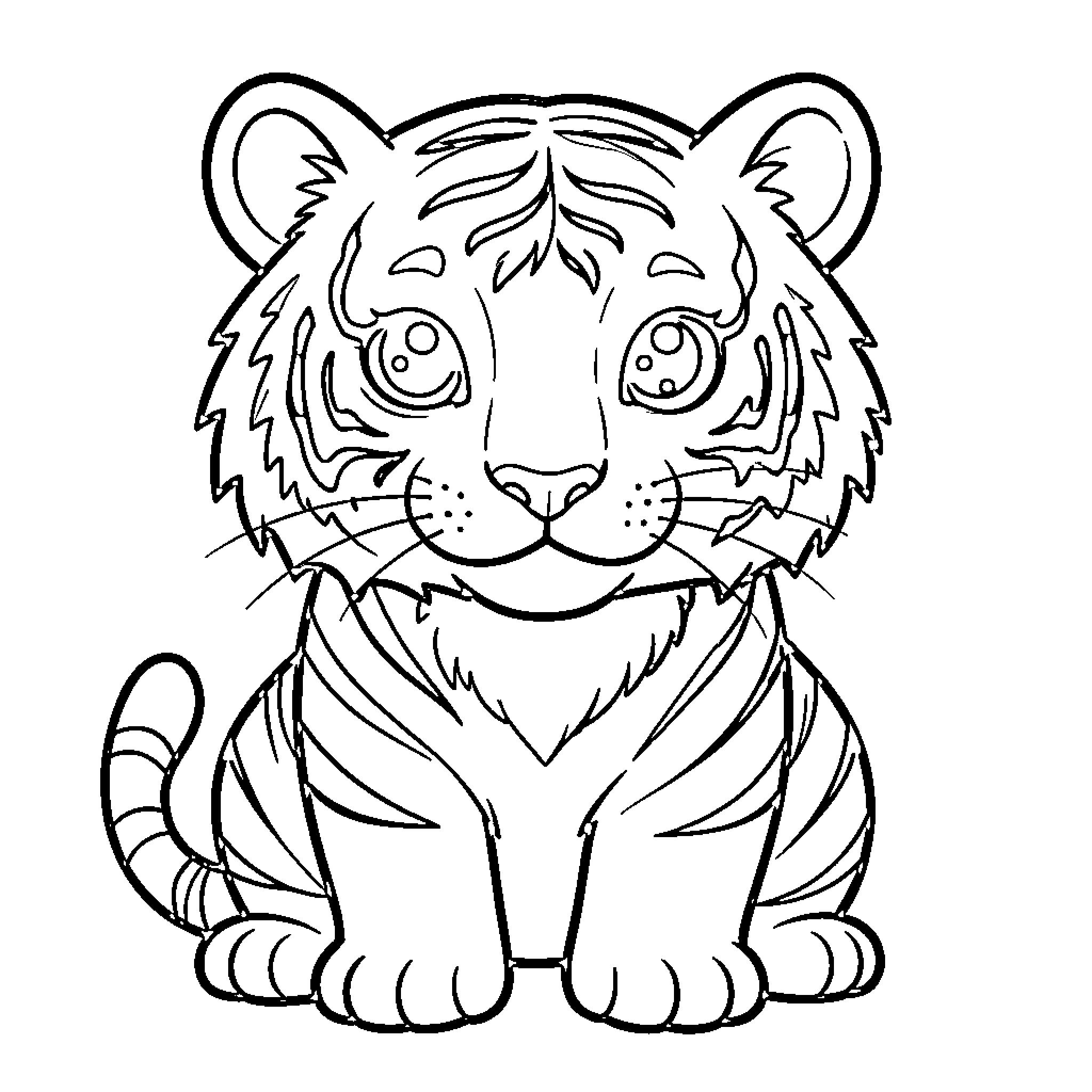 Tiger cub sitting calmly in the wild Coloring Page (free black-and-white line drawing printable PDF for all, from beginners to advanced learners, including children, teens, adults, and seniors)