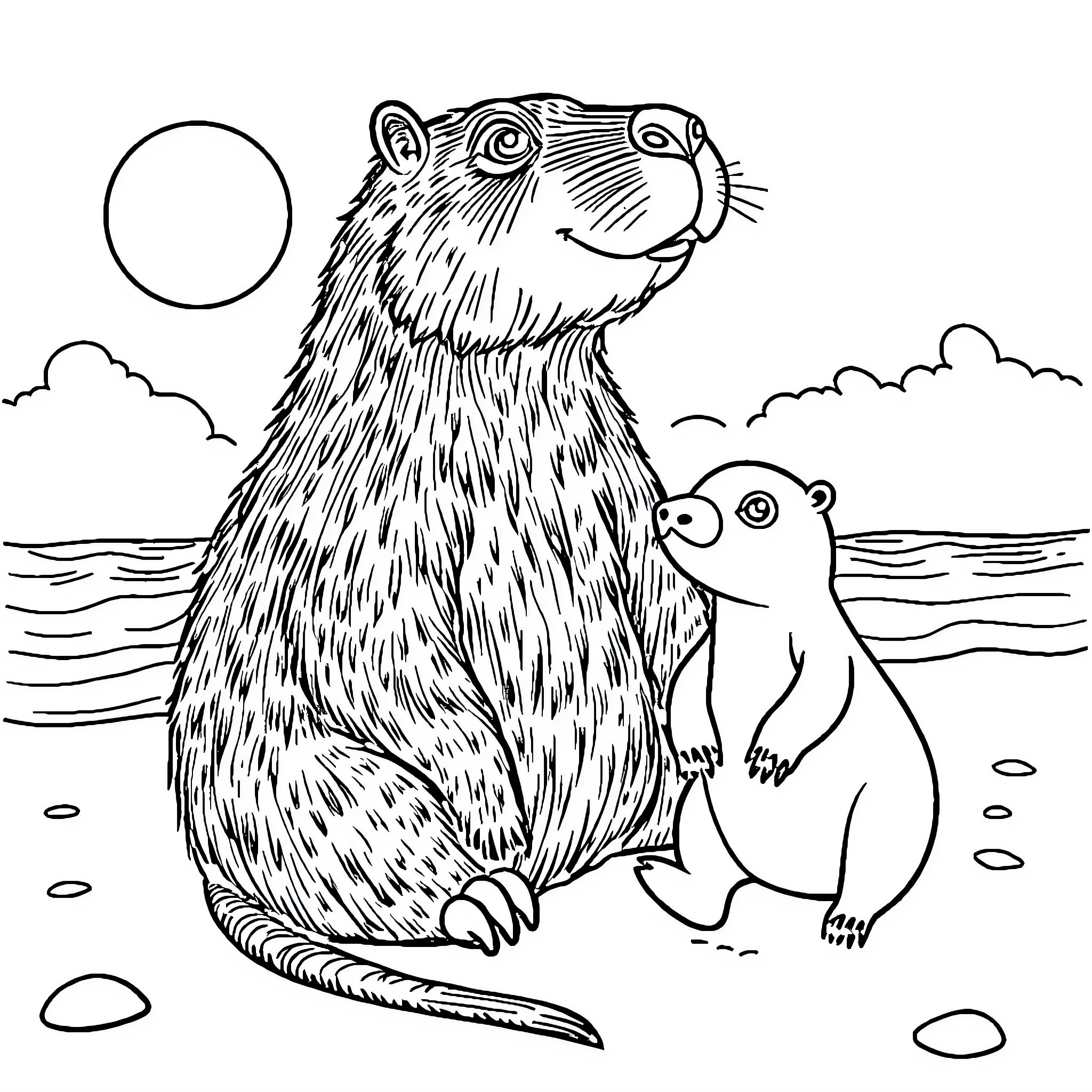 Capybara sharing a moment with its baby Coloring Page (free black-and-white line drawing printable PDF for all, from beginners to advanced learners, including children, teens, adults, and seniors)