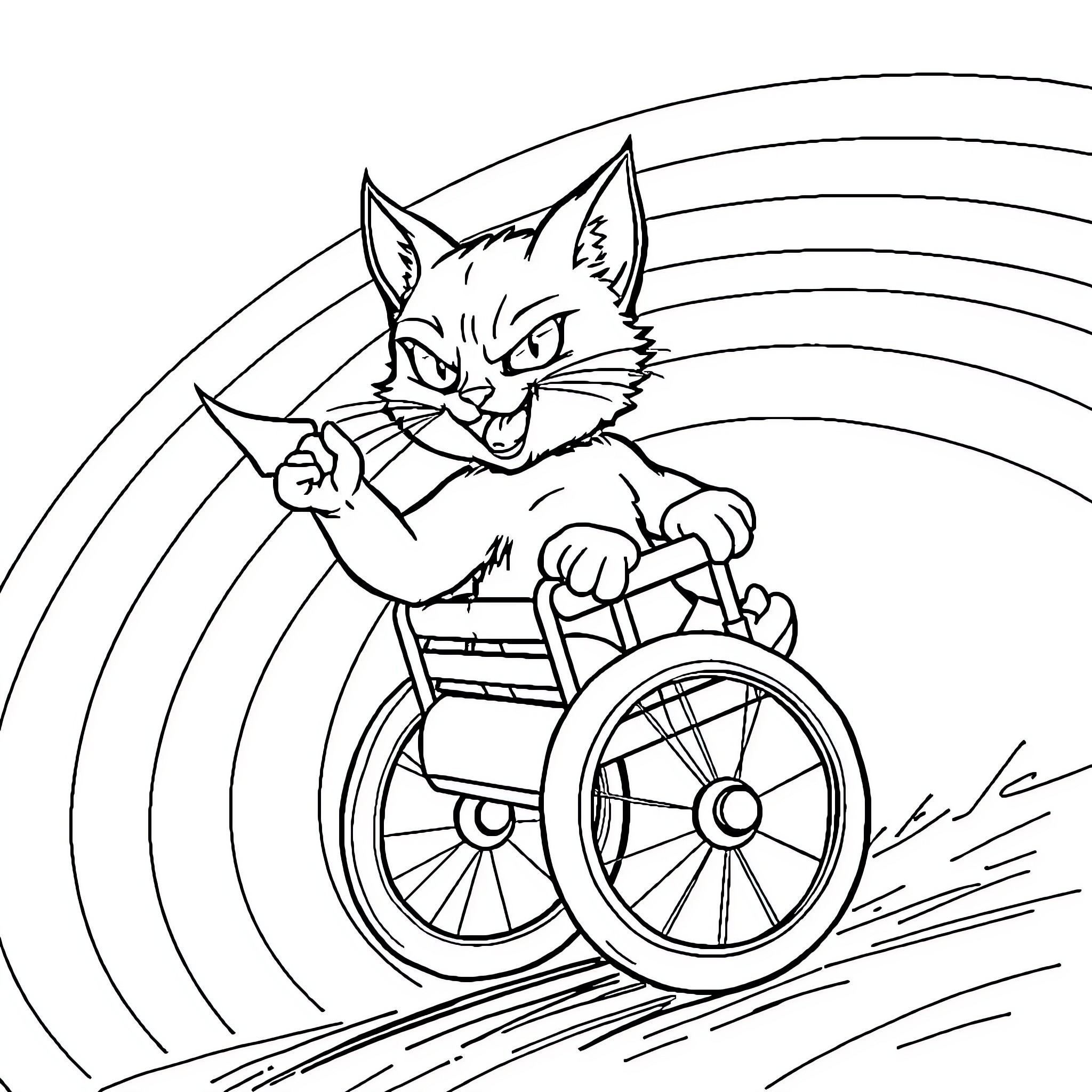Pussycat racing in a wheelchair through a rainbow Coloring Page (free black-and-white line drawing printable PDF for all, from beginners to advanced learners, including children, teens, adults, and seniors)