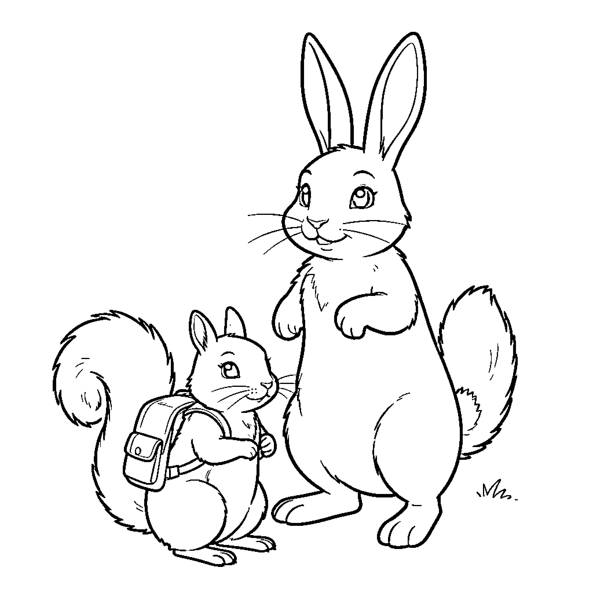 Squirrel wearing a backpack standing next to a rabbit Coloring Page (free black-and-white line drawing printable PDF for all, from beginners to advanced learners, including children, teens, adults, and seniors)