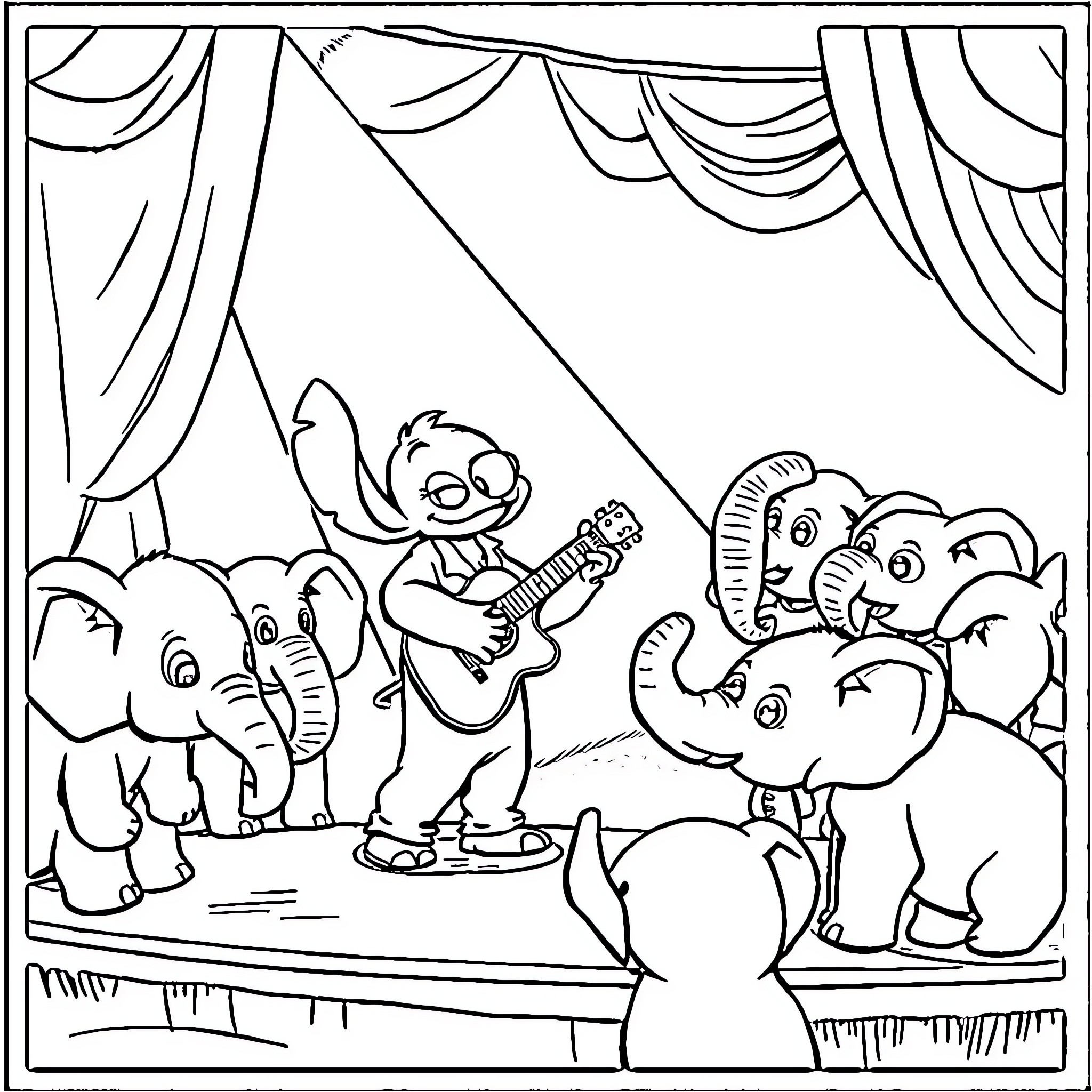 Stitch playing guitar for a crowd of elephants Coloring Page (free black-and-white line drawing printable PDF for all, from beginners to advanced learners, including children, teens, adults, and seniors)