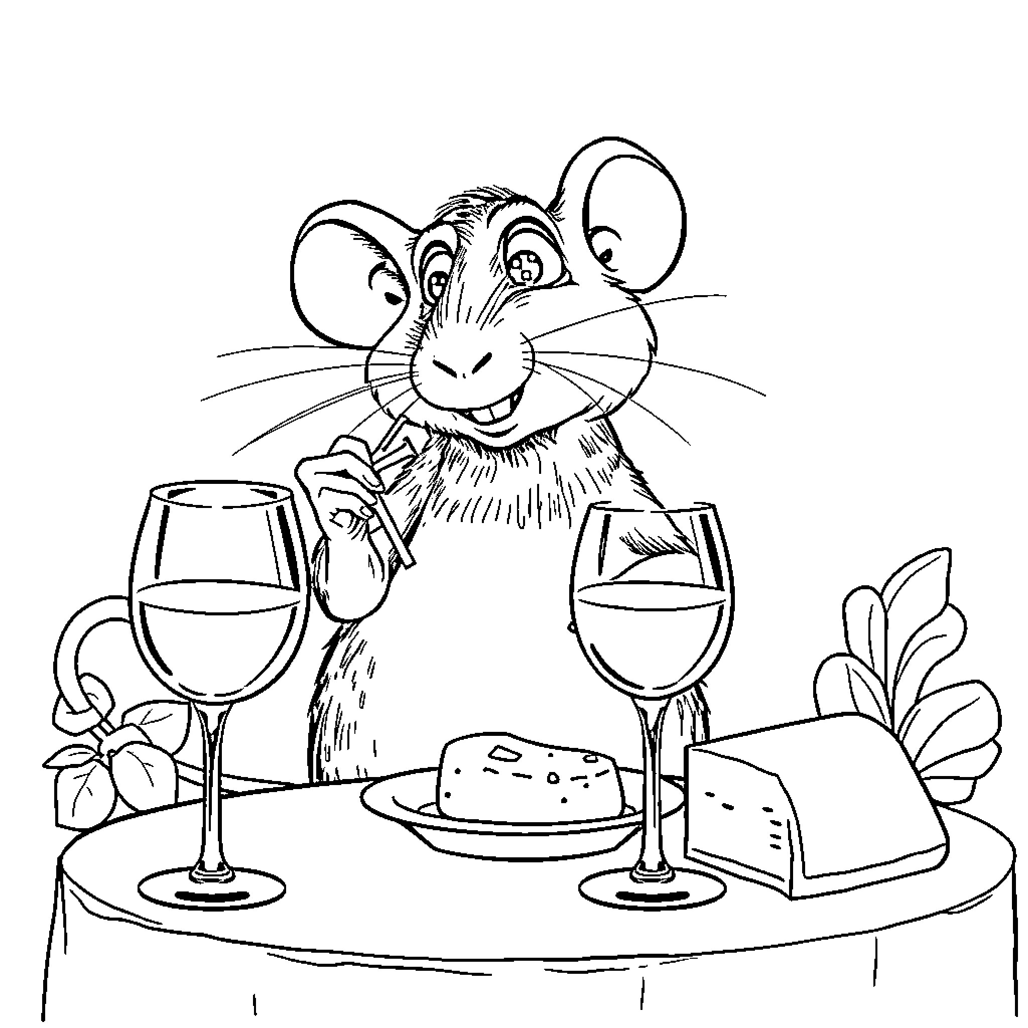 Ratatouille enjoying a meal with wine glasses Coloring Page (free black-and-white line drawing printable PDF for all, from beginners to advanced learners, including children, teens, adults, and seniors)