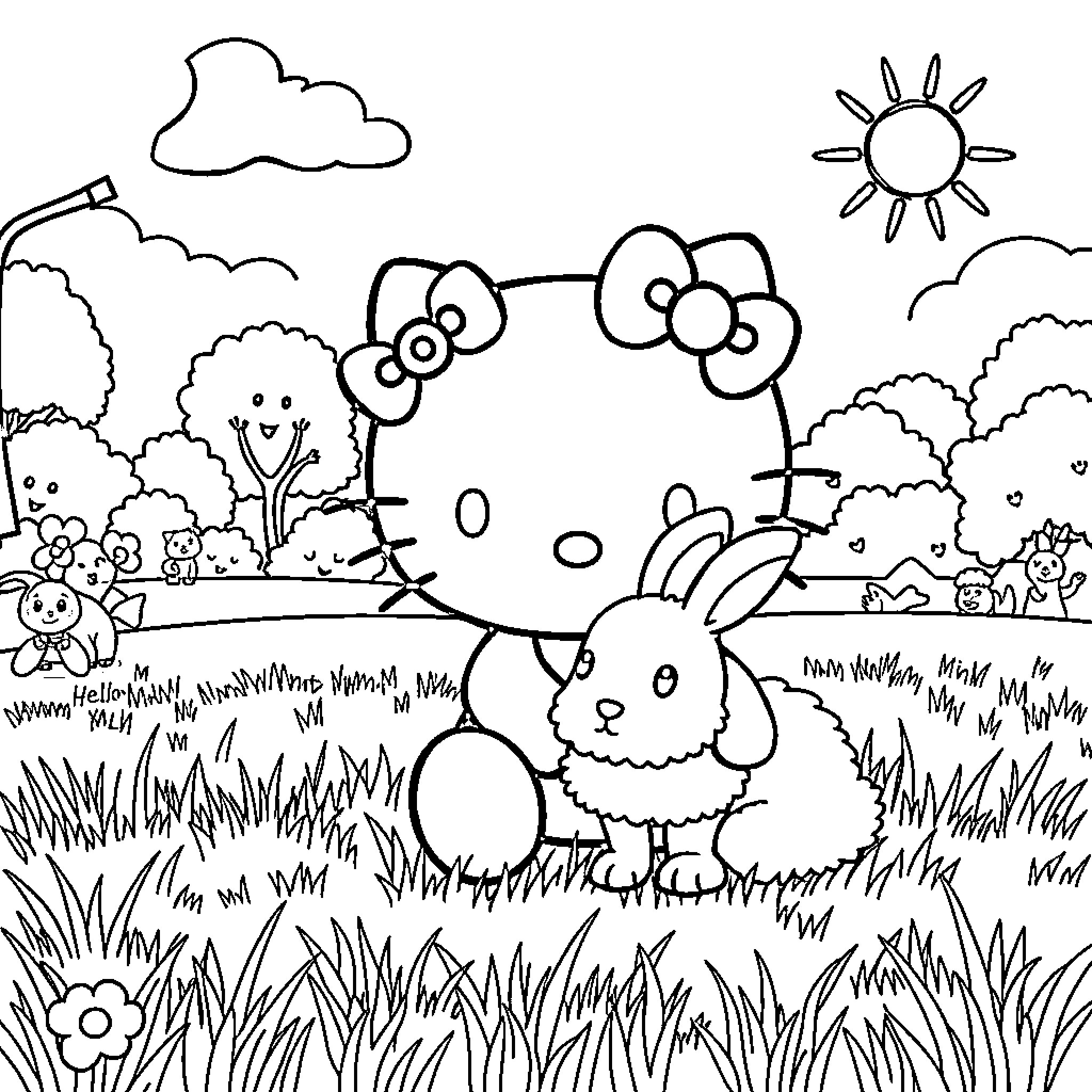 Hello Kitty enjoys a sunny day with animal friends Coloring Page (free black-and-white line drawing printable PDF for all, from beginners to advanced learners, including children, teens, adults, and seniors)