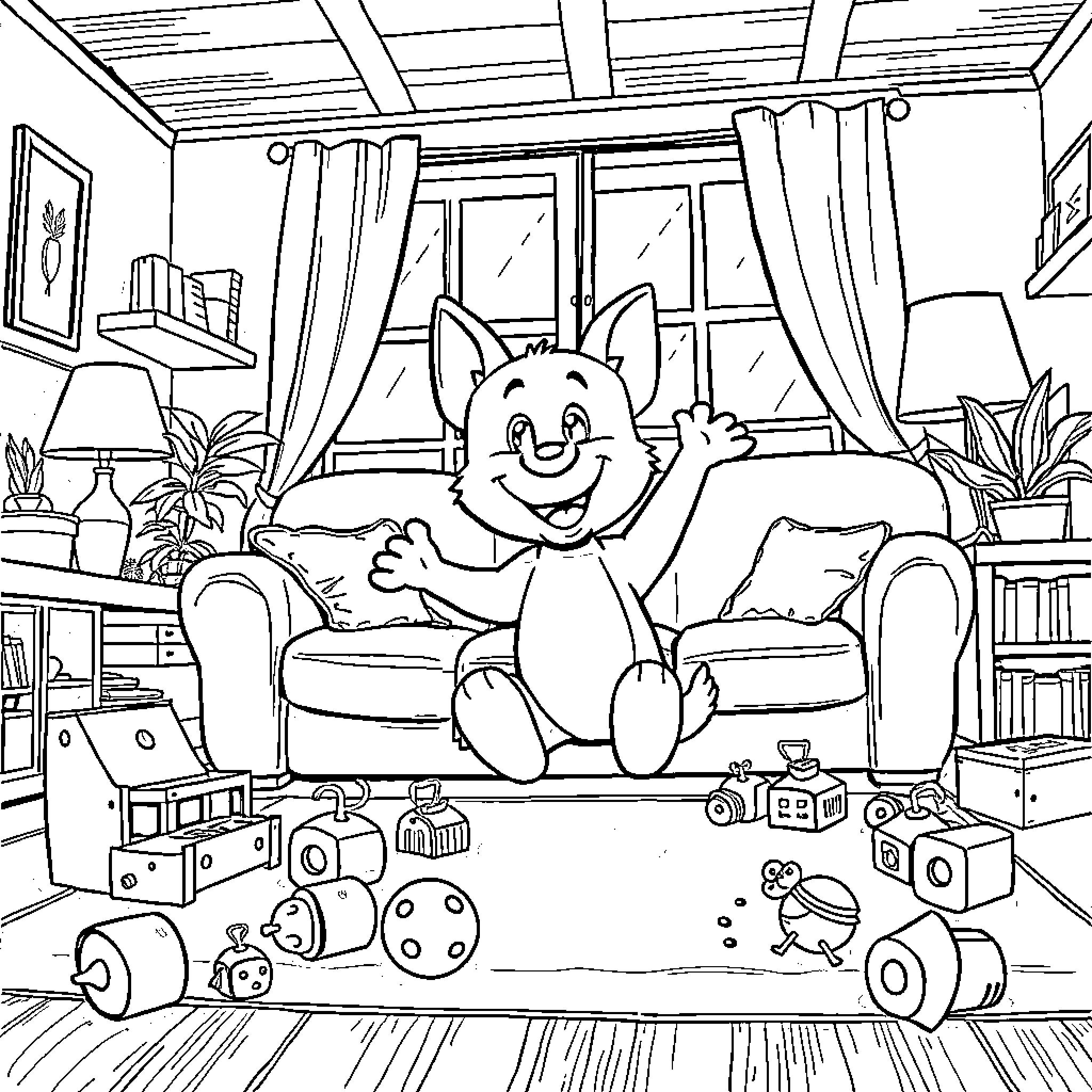 Bluey's Playful Adventure in the Cozy Home Coloring Page (free black-and-white line drawing printable PDF for all, from beginners to advanced learners, including children, teens, adults, and seniors)