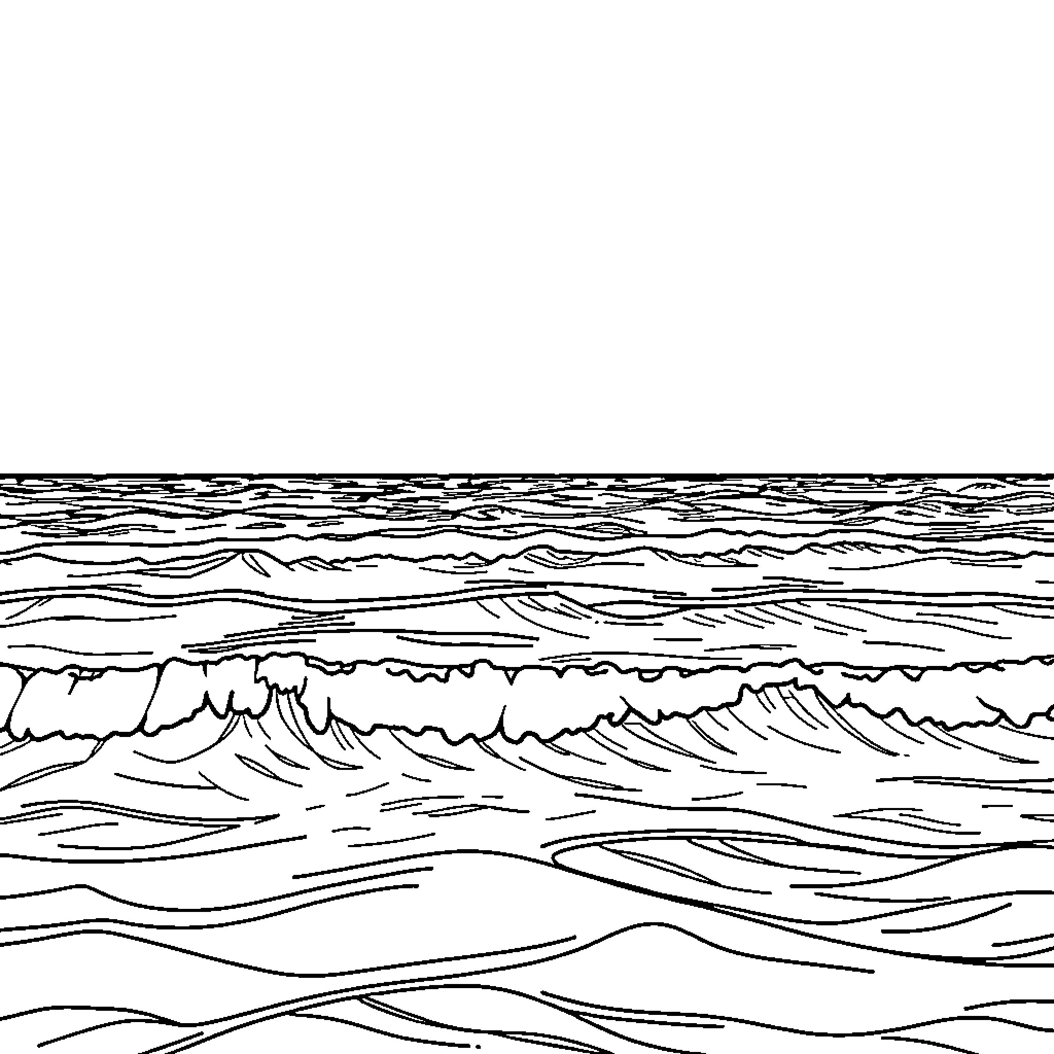 Ocean waves crashing against rocky shoreline Coloring Page (free black-and-white line drawing printable PDF for all, from beginners to advanced learners, including children, teens, adults, and seniors)