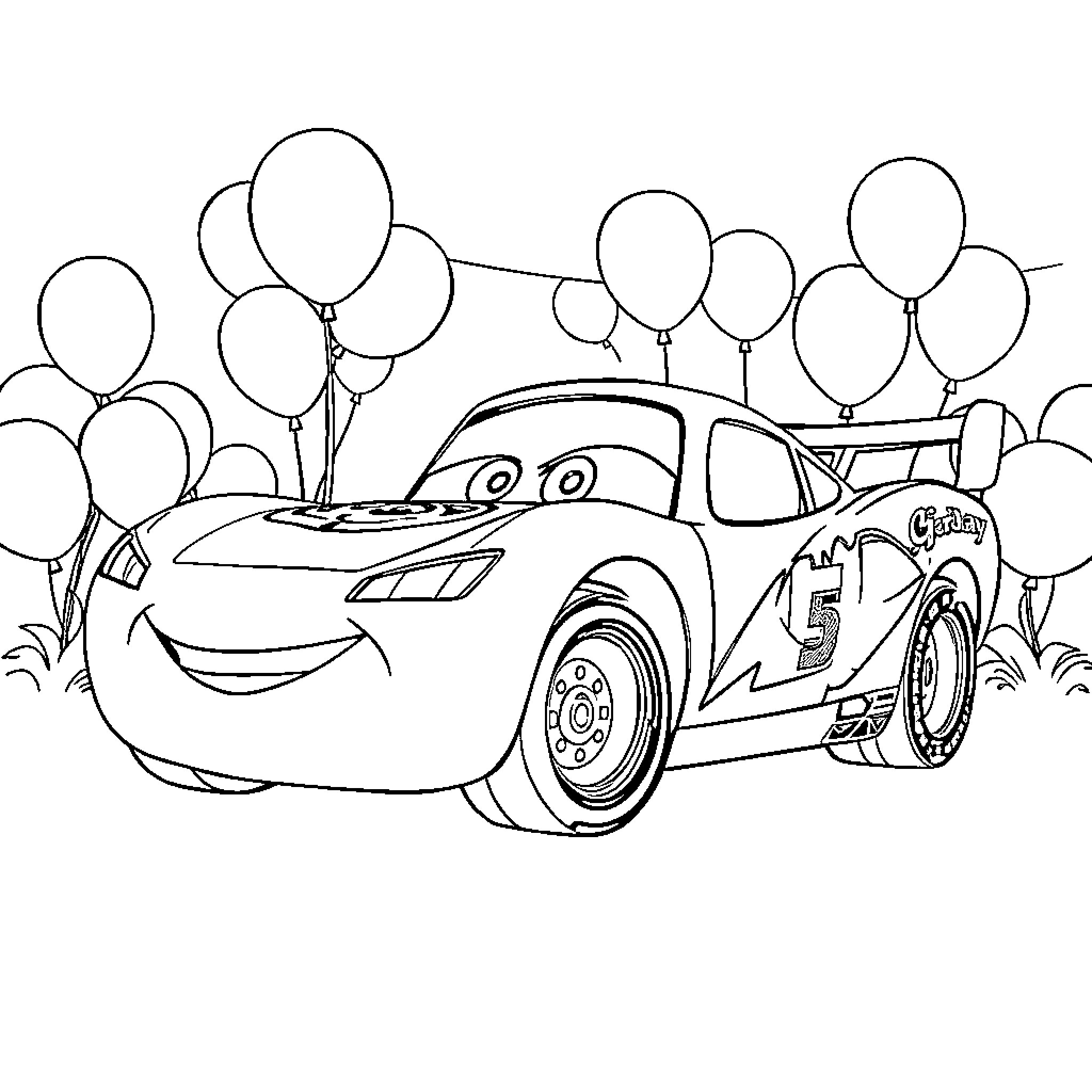 Cars with balloons in playful scene Coloring Page (free black-and-white line drawing printable PDF for all, from beginners to advanced learners, including children, teens, adults, and seniors)