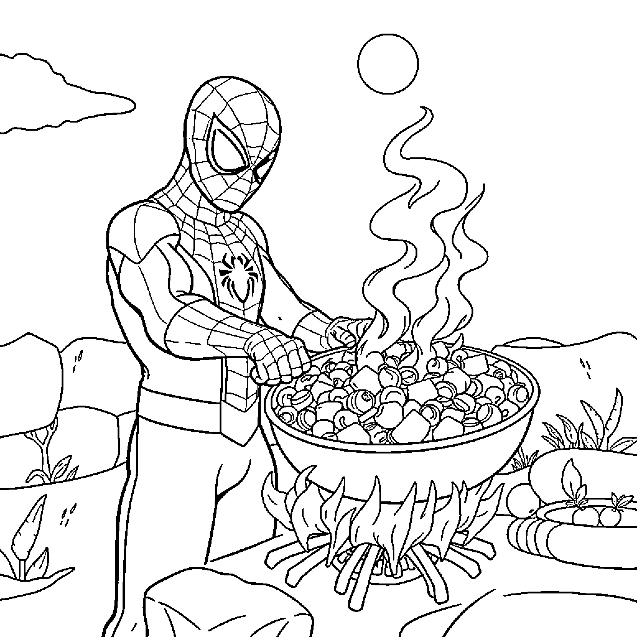 Spiderman roasting marshmallows by the campfire Coloring Page (free black-and-white line drawing printable PDF for all, from beginners to advanced learners, including children, teens, adults, and seniors)