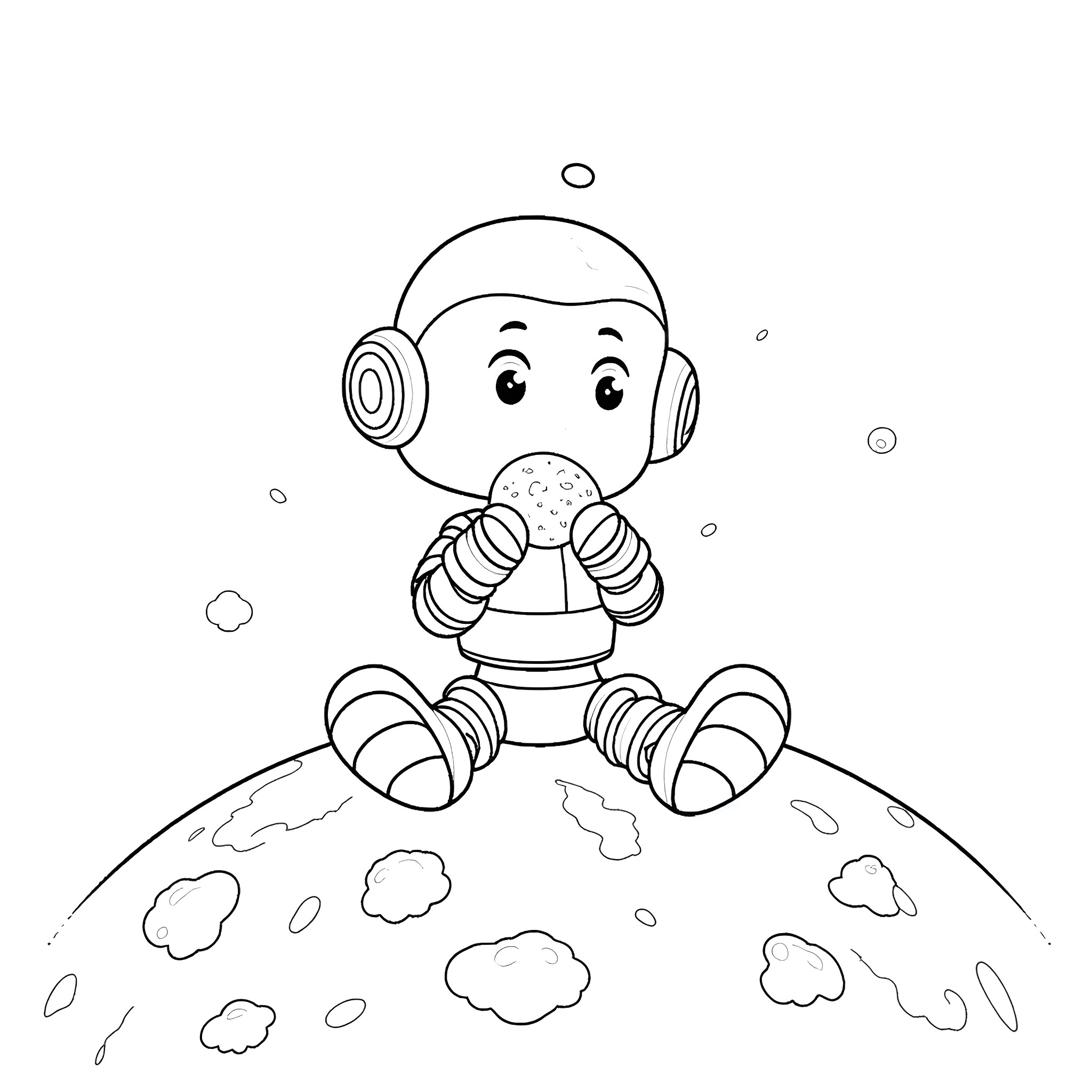 Robot exploring the planet Coloring Page (free black-and-white line drawing printable PDF for all, from beginners to advanced learners, including children, teens, adults, and seniors)