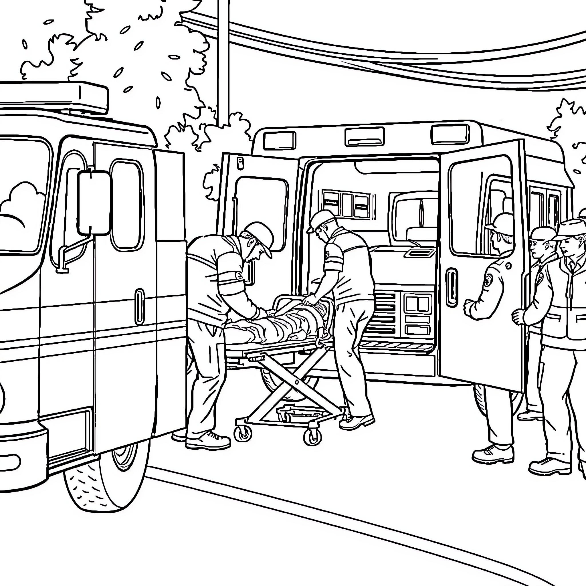 Ambulance transporting injured person to the hospital Coloring Page (free black-and-white line drawing printable PDF for all, from beginners to advanced learners, including children, teens, adults, and seniors)