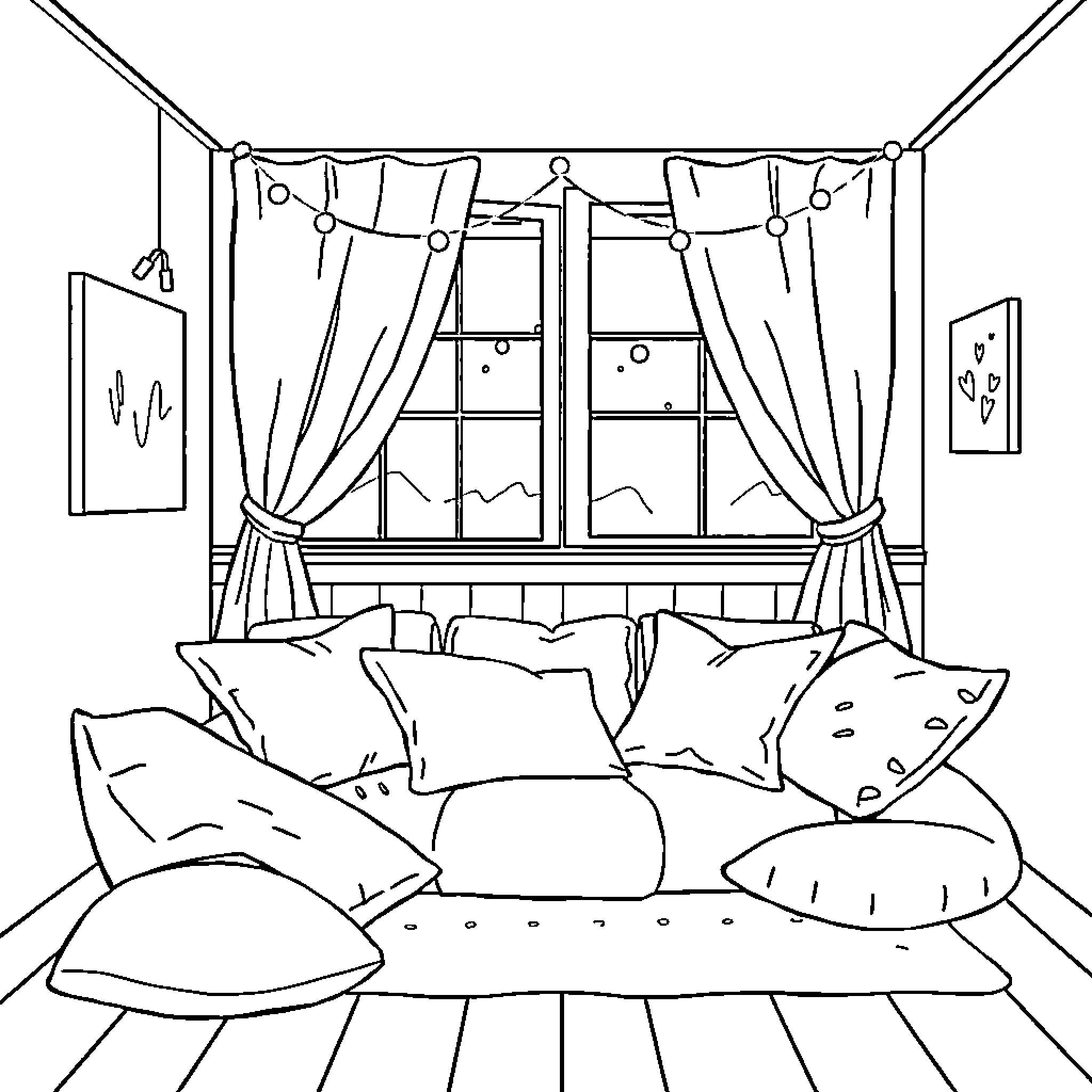 Cozy and Comfortable Bedroom Retreat Coloring Page (free black-and-white line drawing printable PDF for all, from beginners to advanced learners, including children, teens, adults, and seniors)