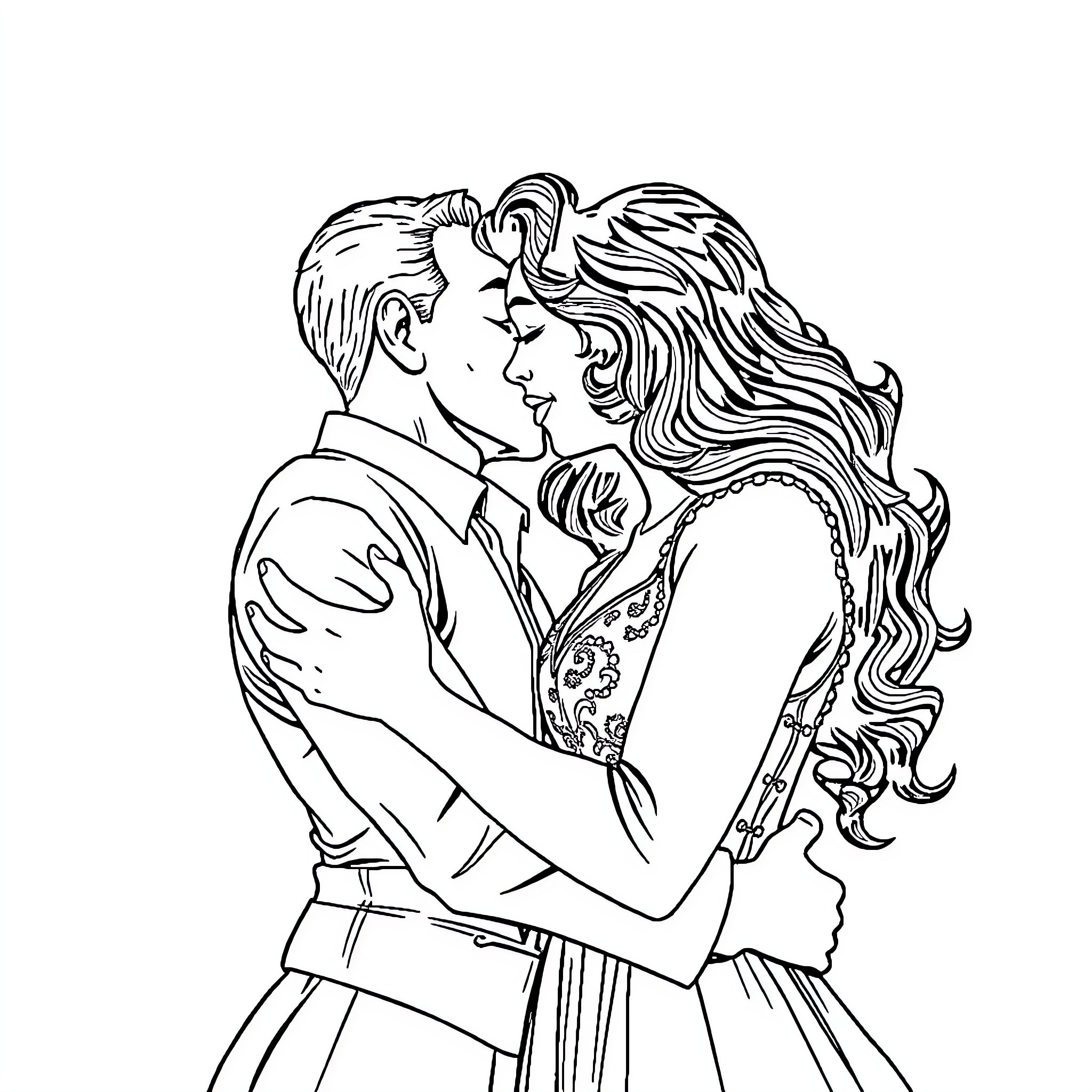 Cynthia Erivo in a passionate embrace with a partner Coloring Page (free black-and-white line drawing printable PDF for all, from beginners to advanced learners, including children, teens, adults, and seniors)