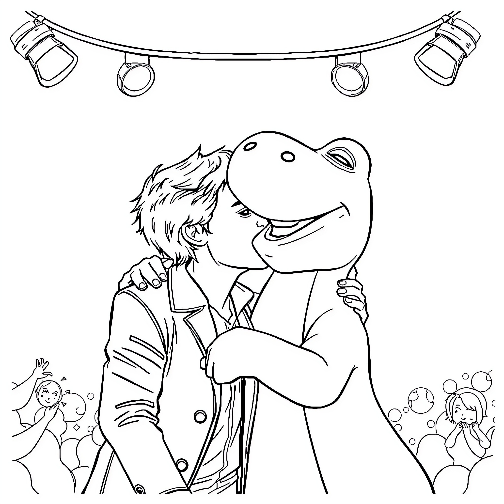 Harry Styles embraces a puppet friend on stage Coloring Page (free black-and-white line drawing printable PDF for all, from beginners to advanced learners, including children, teens, adults, and seniors)